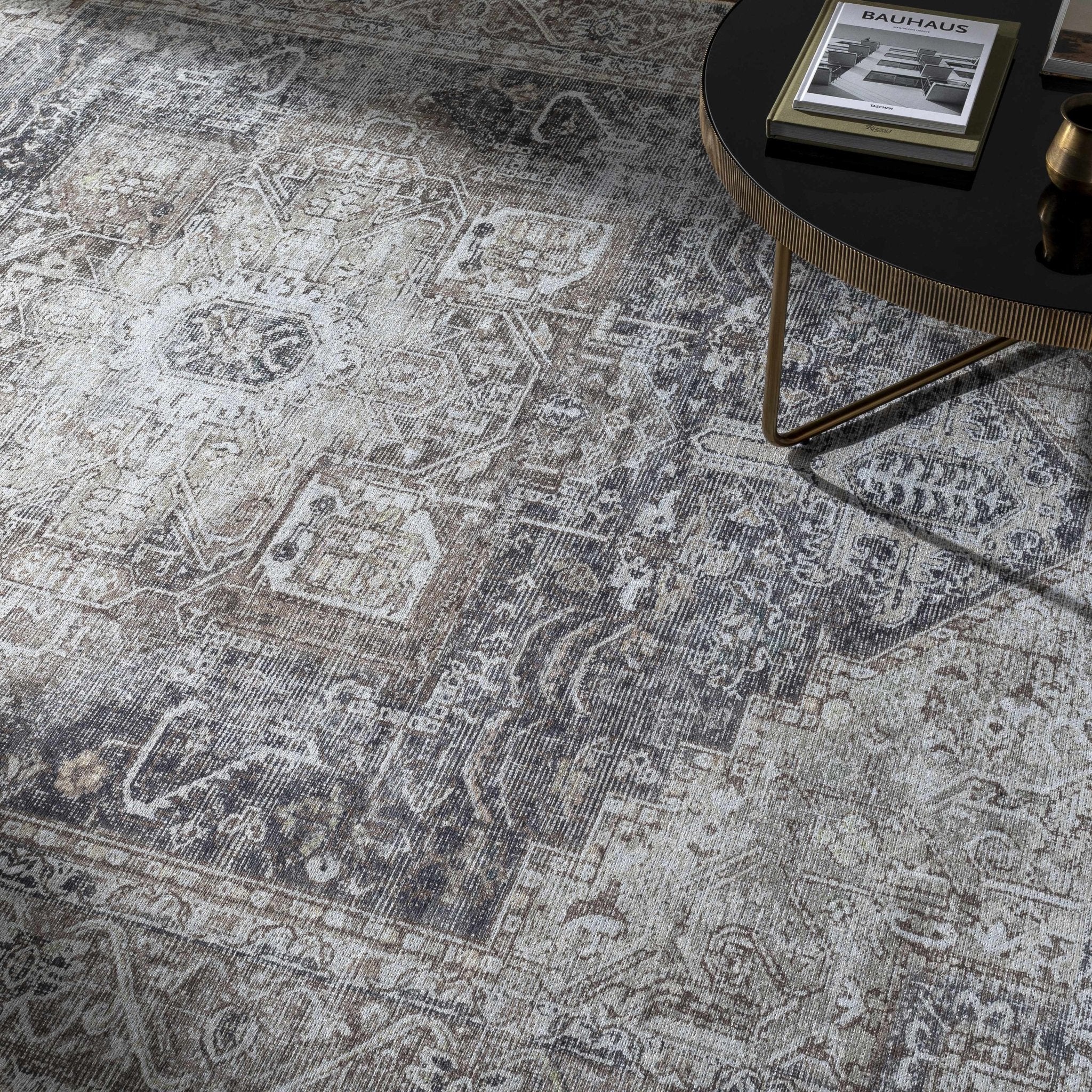 Vintage Style Ivory, Charcoal and Brown Traditional Medallion Design Machine Washable Area Rug - Image 13