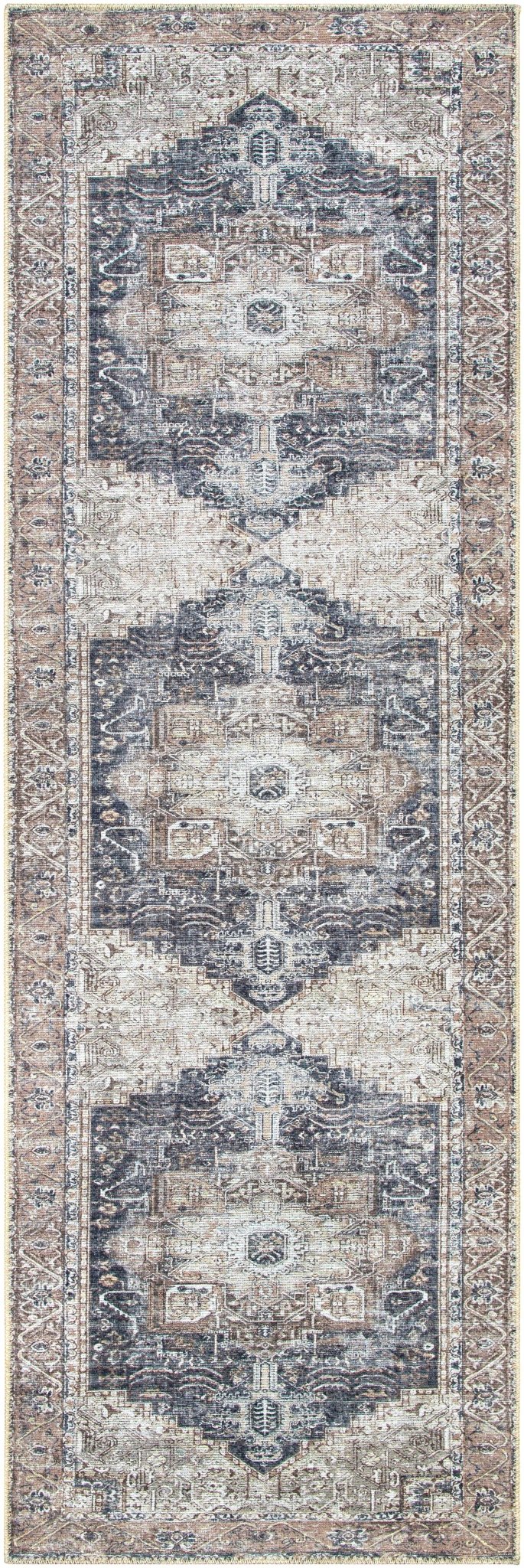 Vintage Style Ivory, Charcoal and Brown Traditional Medallion Design Machine Washable Area Rug - Image 3