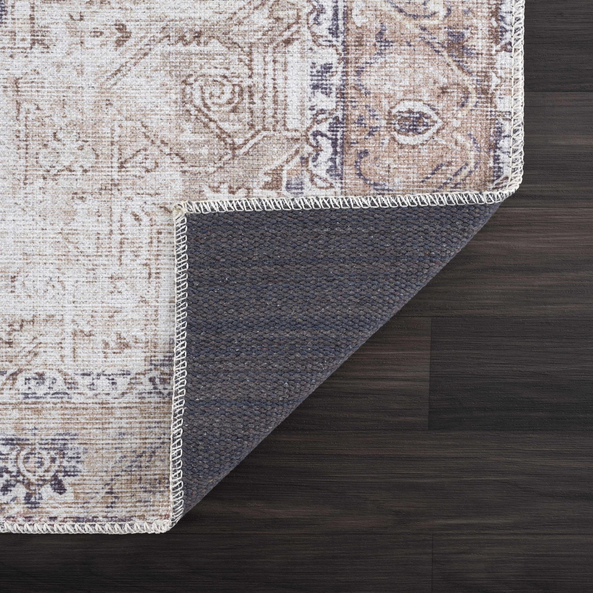 Vintage Style Ivory, Charcoal and Brown Traditional Medallion Design Machine Washable Area Rug - Image 4