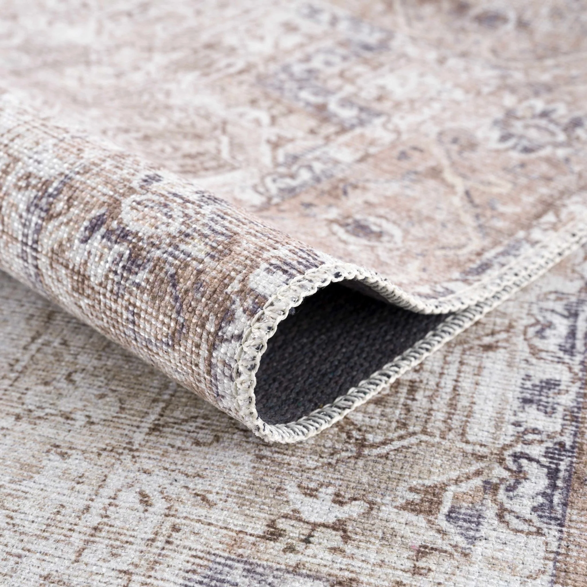 Vintage Style Ivory, Charcoal and Brown Traditional Medallion Design Machine Washable Area Rug - Image 5