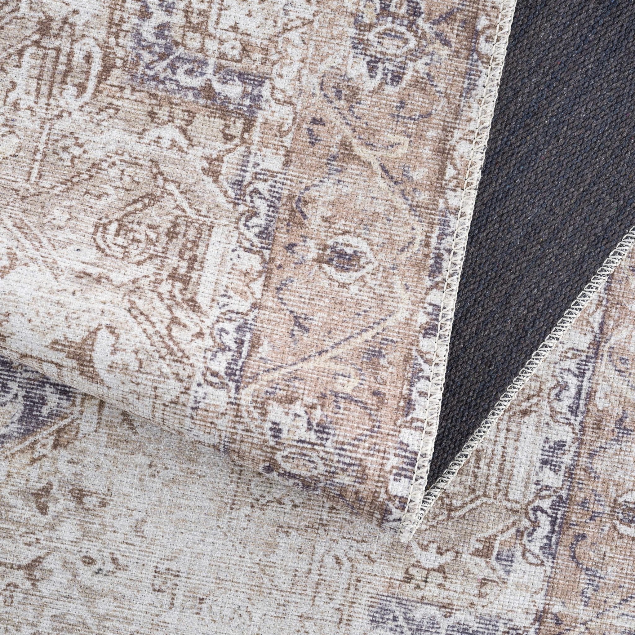 Vintage Style Ivory, Charcoal and Brown Traditional Medallion Design Machine Washable Area Rug - Image 6