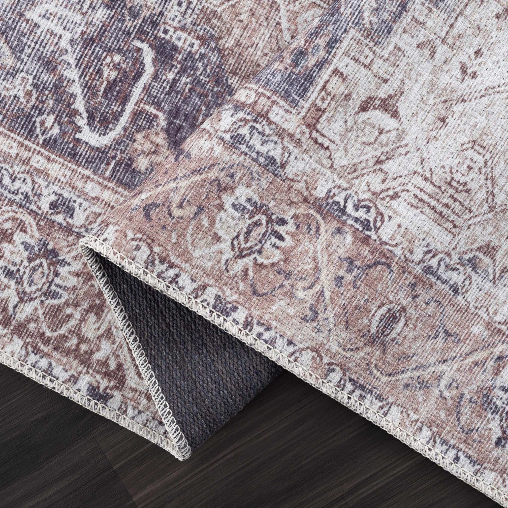 Vintage Style Ivory, Charcoal and Brown Traditional Medallion Design Machine Washable Area Rug - Image 7