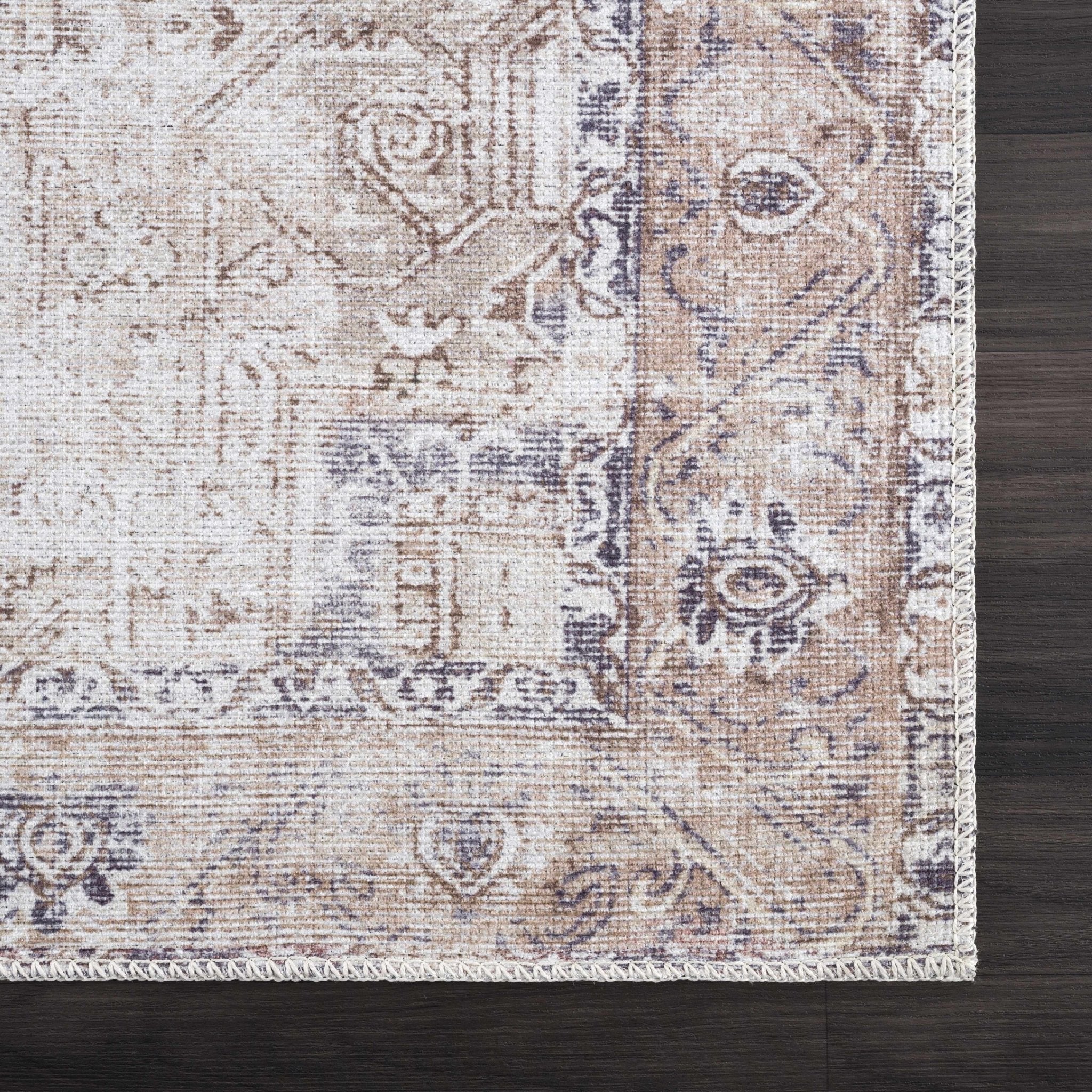 Vintage Style Ivory, Charcoal and Brown Traditional Medallion Design Machine Washable Area Rug - Image 8