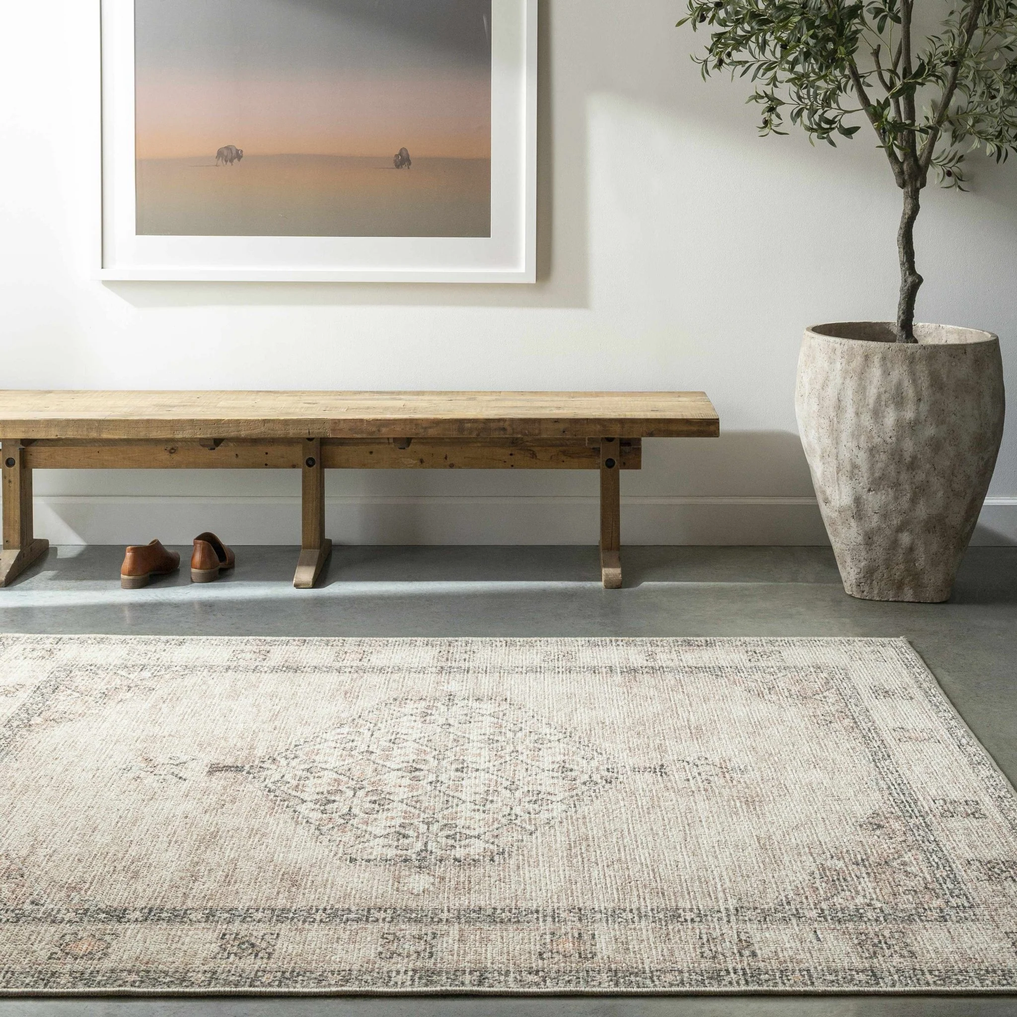 Vintage Style Ivory, Tan and Black Traditional medallion area rug - Image 2