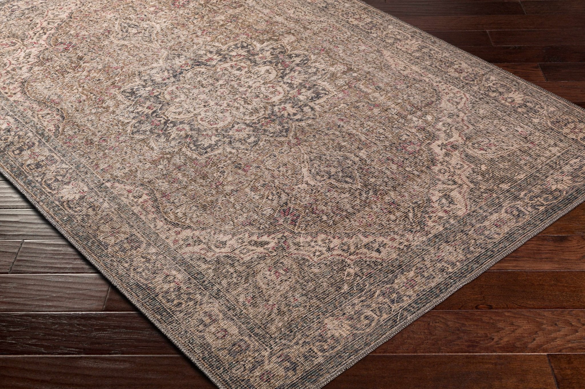 Vintage Premium Look Medallion Design Beige, Brown and Charcoal Washable Area Rug - Image 22