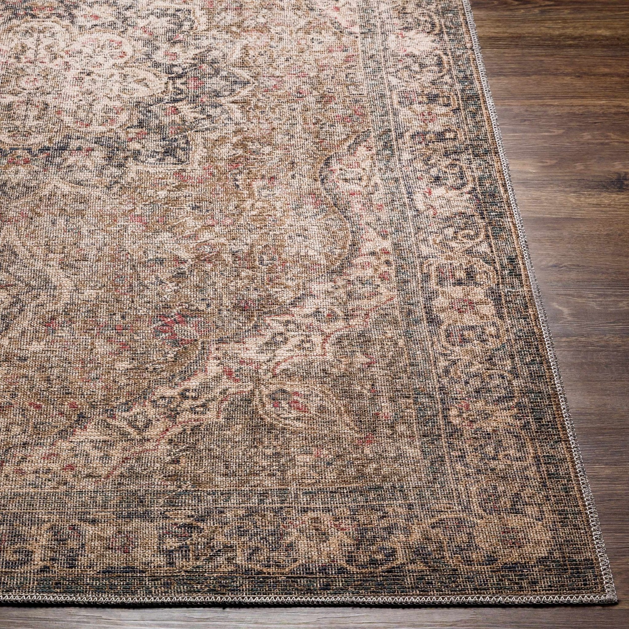 Vintage Premium Look Medallion Design Beige, Brown and Charcoal Washable Area Rug - Image 23