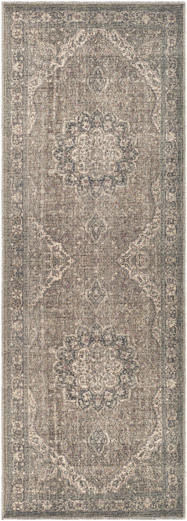 Vintage Premium Look Medallion Design Beige, Brown and Charcoal Washable Area Rug - Image 24