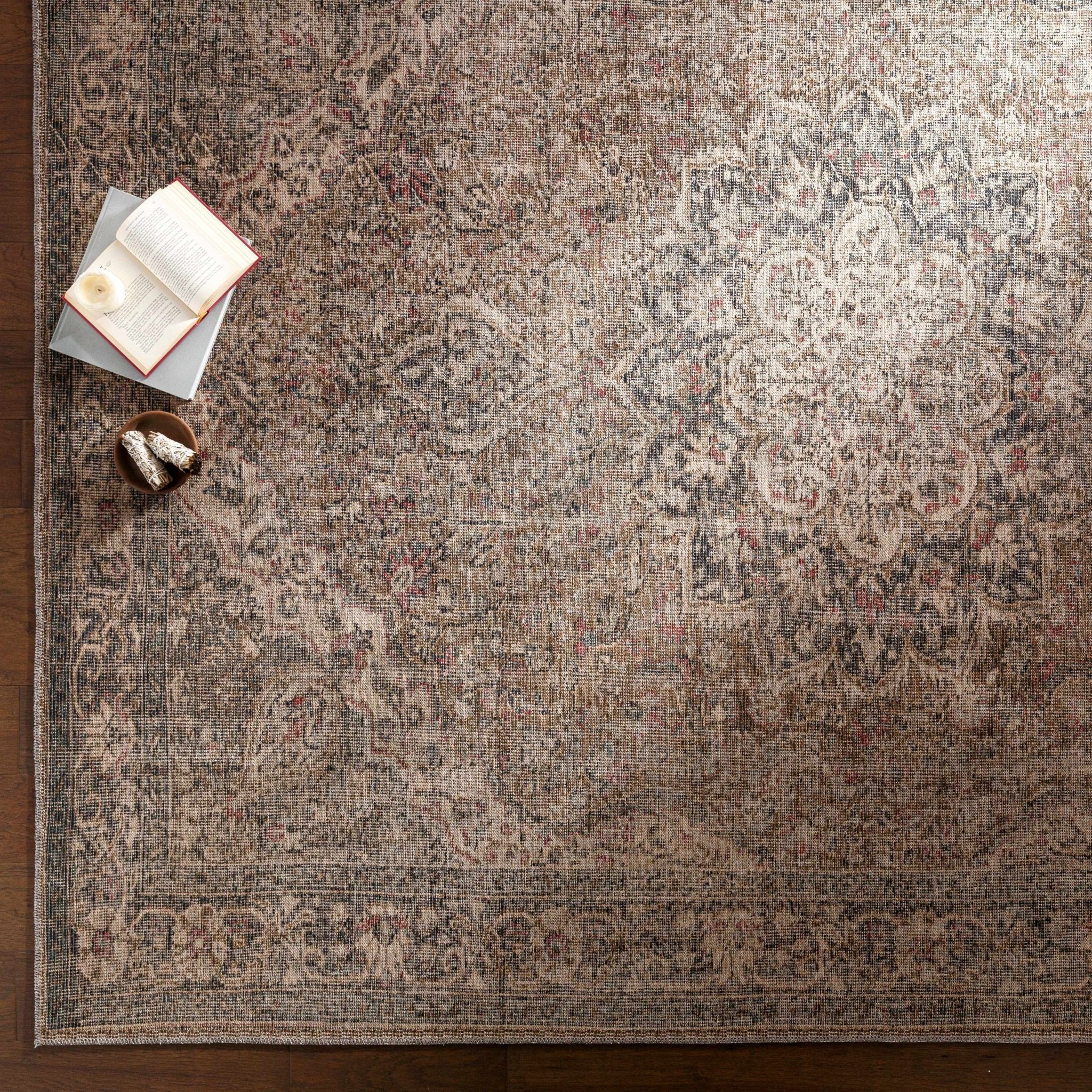 Vintage Premium Look Medallion Design Beige, Brown and Charcoal Washable Area Rug - Image 27