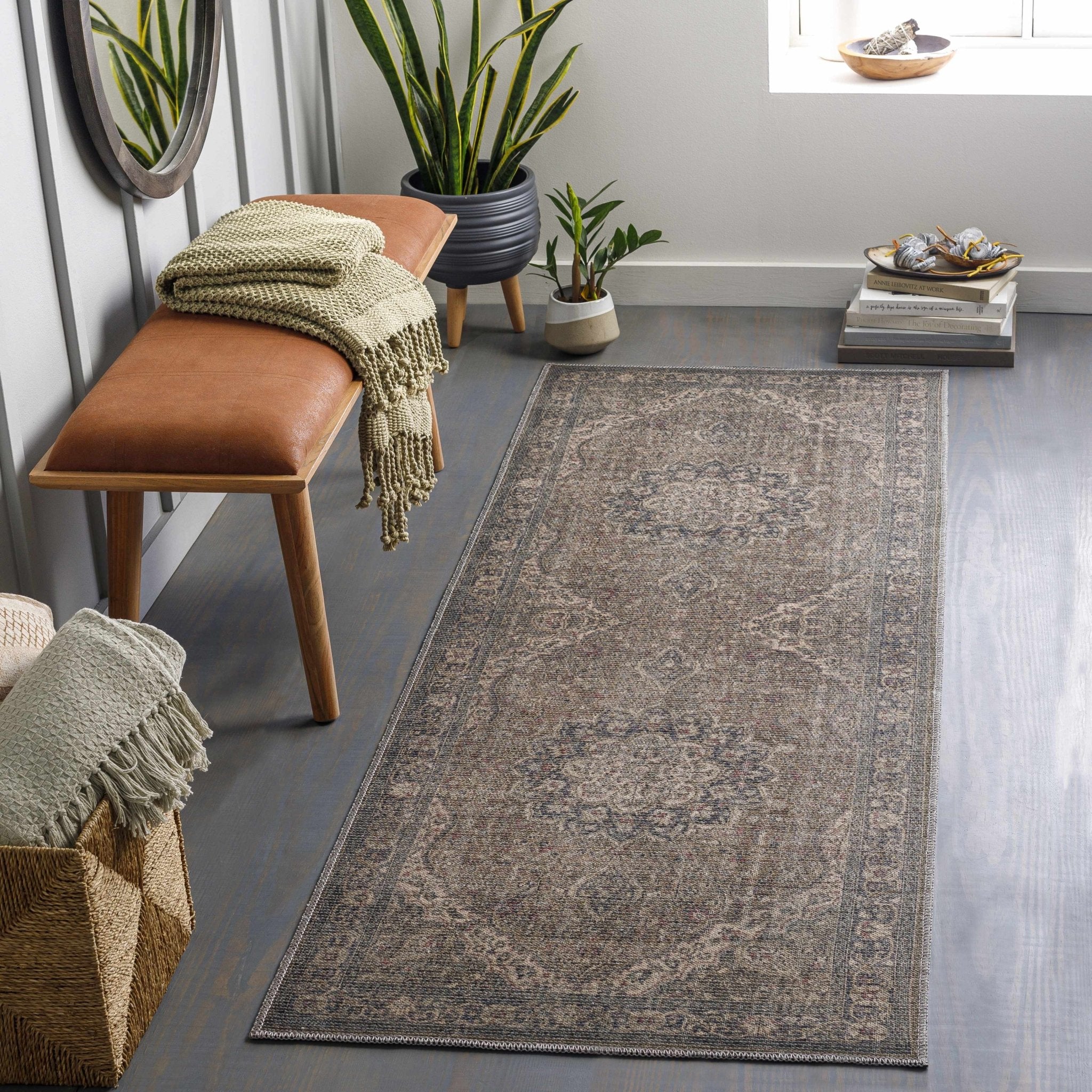 Vintage Premium Look Medallion Design Beige, Brown and Charcoal Washable Area Rug - Image 31
