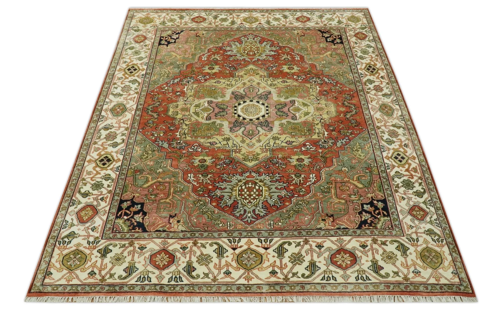 Vintage Style Olive, Rust and Ivory Fine Hand Knotted 8x10 wool area rug - Image 10