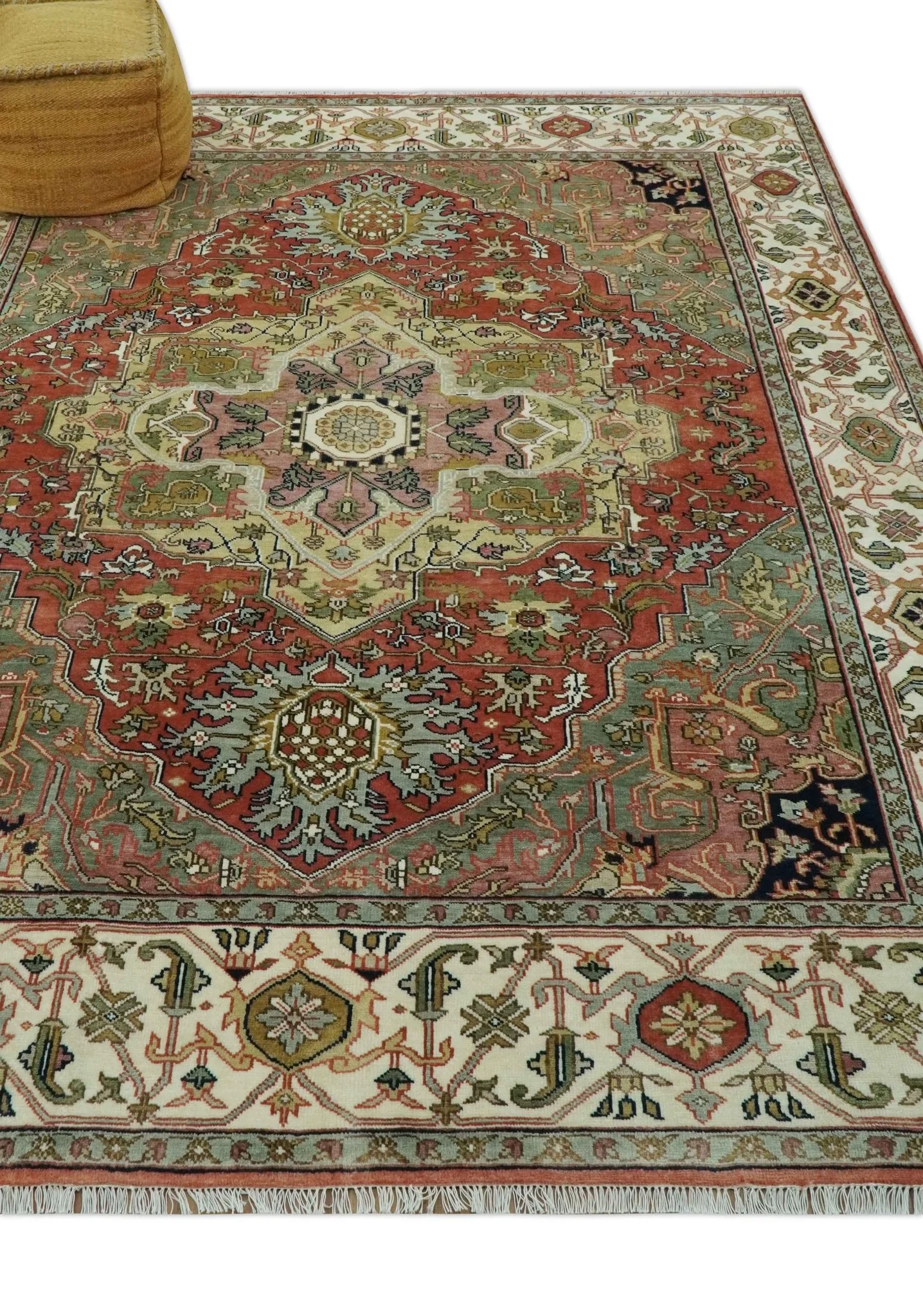 Vintage Style Olive, Rust and Ivory Fine Hand Knotted 8x10 wool area rug - Image 3