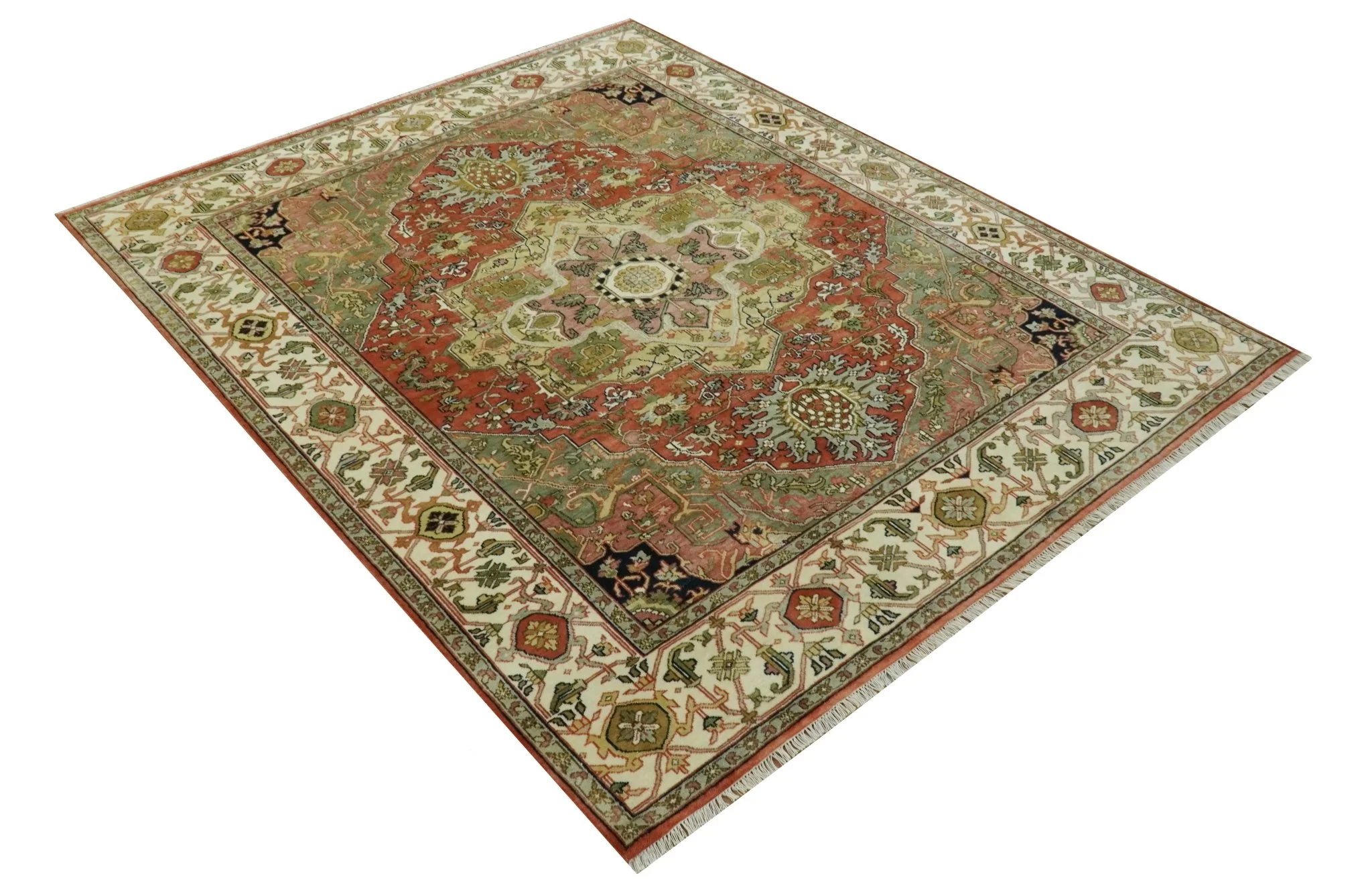 Vintage Style Olive, Rust and Ivory Fine Hand Knotted 8x10 wool area rug - Image 9