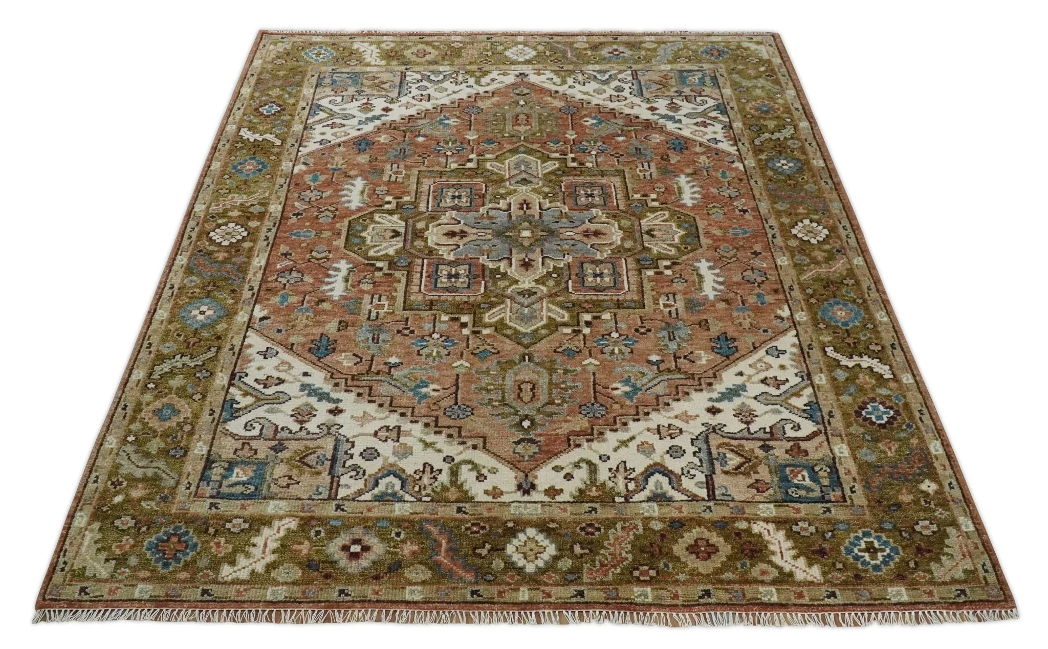 Custom Made Vintage Style Olive, Rust and Ivory Hand knotted Traditional wool Area Rug - Image 10