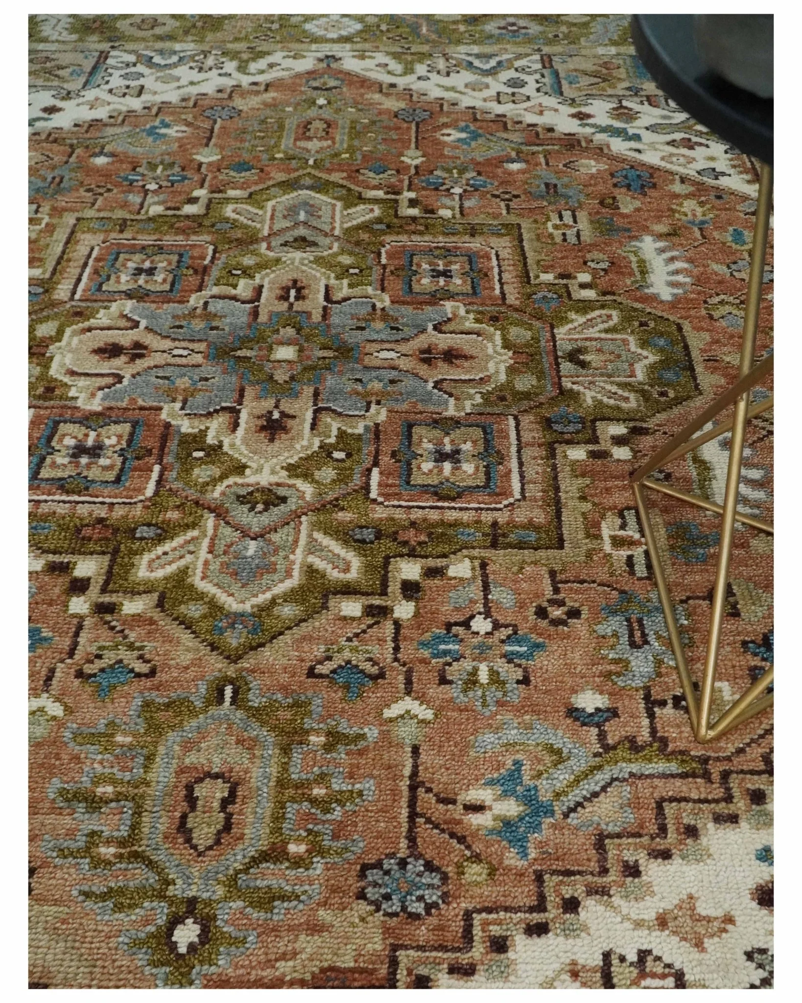 Custom Made Vintage Style Olive, Rust and Ivory Hand knotted Traditional wool Area Rug - Image 2