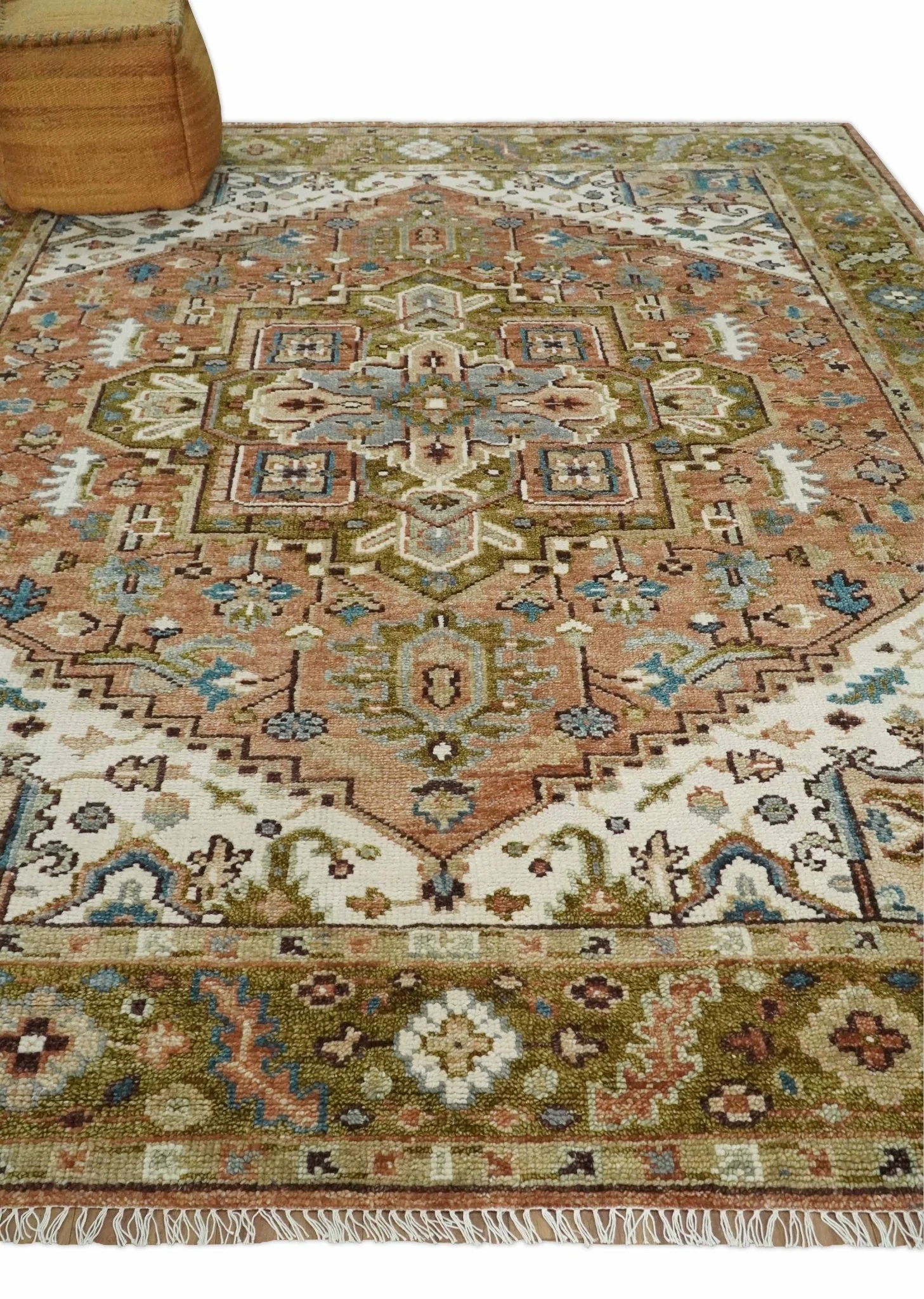 Custom Made Vintage Style Olive, Rust and Ivory Hand knotted Traditional wool Area Rug - Image 3