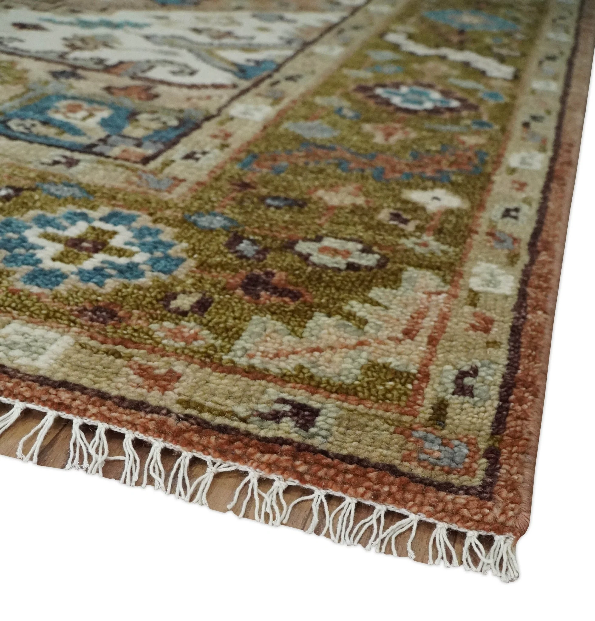Custom Made Vintage Style Olive, Rust and Ivory Hand knotted Traditional wool Area Rug - Image 5
