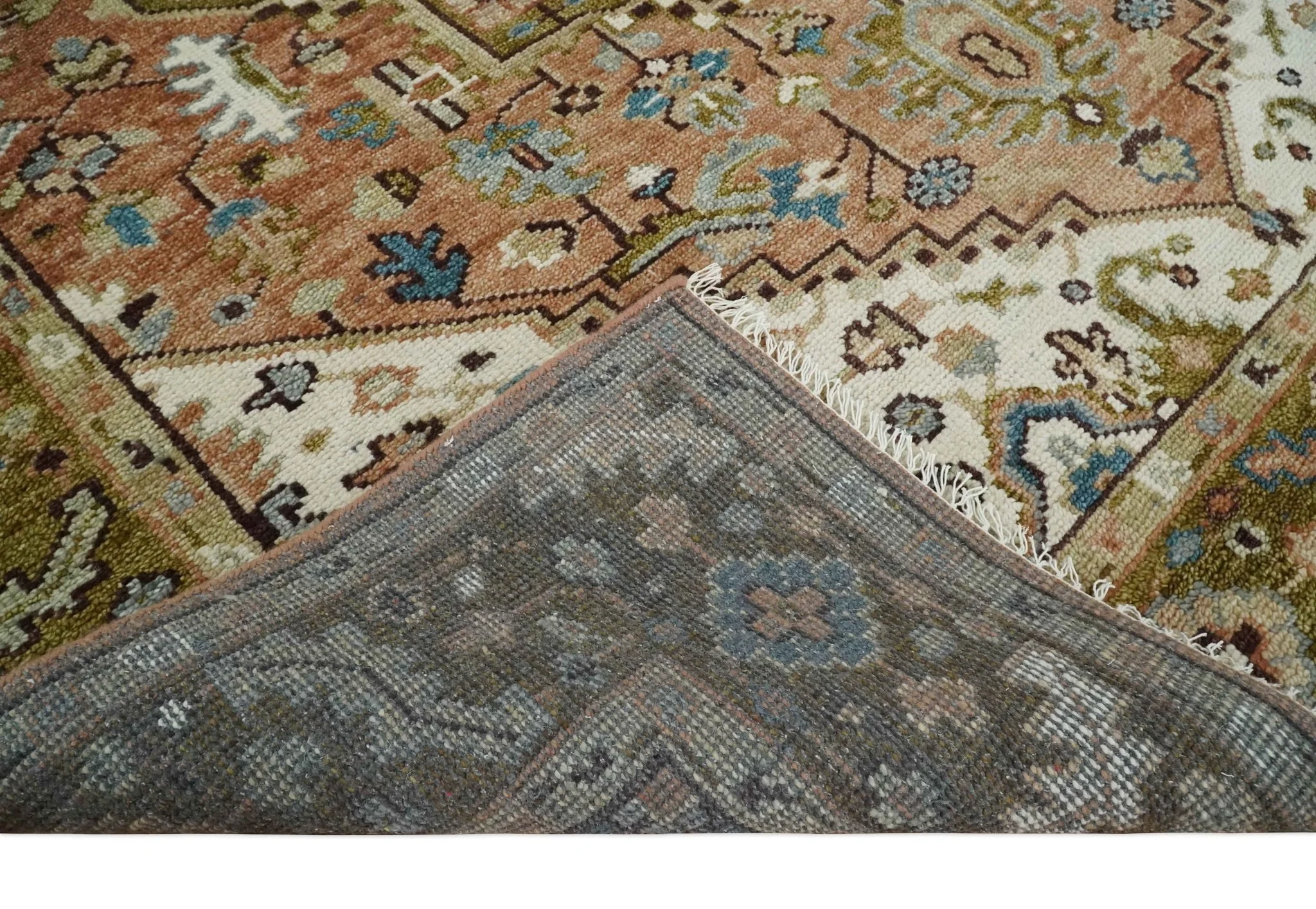 Custom Made Vintage Style Olive, Rust and Ivory Hand knotted Traditional wool Area Rug - Image 7