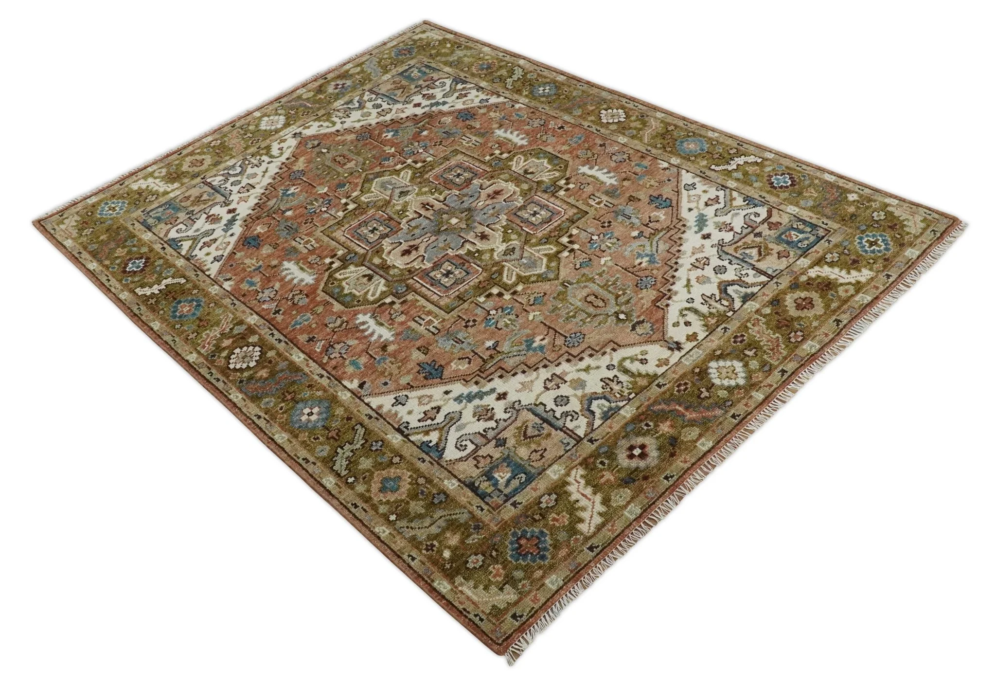 Custom Made Vintage Style Olive, Rust and Ivory Hand knotted Traditional wool Area Rug - Image 9