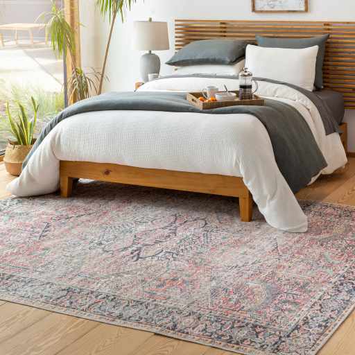 Distressed Finished Vintage Style Peach and Charcoal Traditional Washable Rug - Image 2