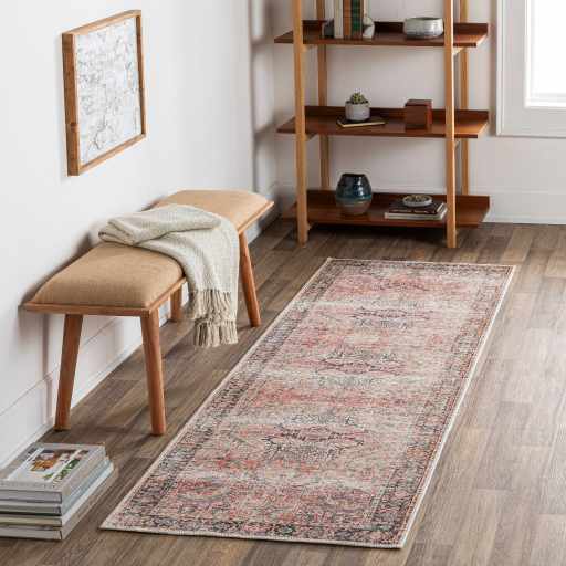 Distressed Finished Vintage Style Peach and Charcoal Traditional Washable Rug - Image 3