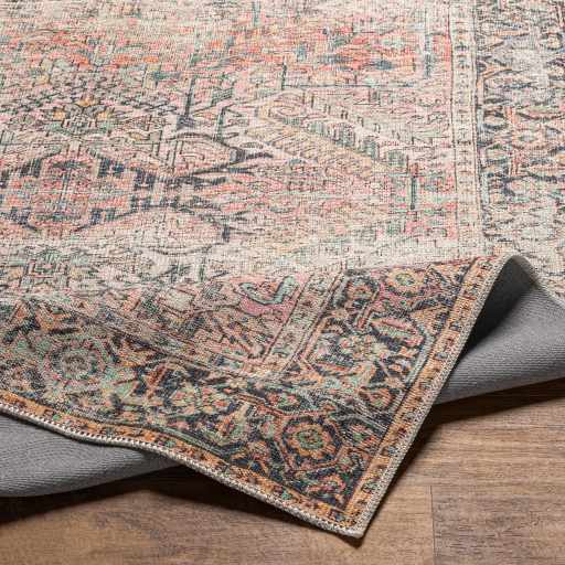 Distressed Finished Vintage Style Peach and Charcoal Traditional Washable Rug - Image 5