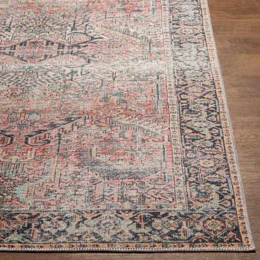 Distressed Finished Vintage Style Peach and Charcoal Traditional Washable Rug - Image 6