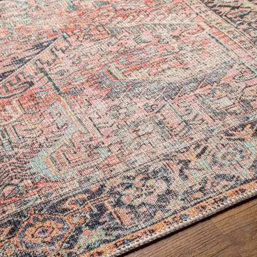 Distressed Finished Vintage Style Peach and Charcoal Traditional Washable Rug - Image 7