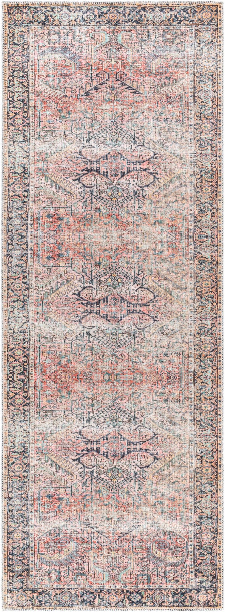 Distressed Finished Vintage Style Peach and Charcoal Traditional Washable Rug - Image 8