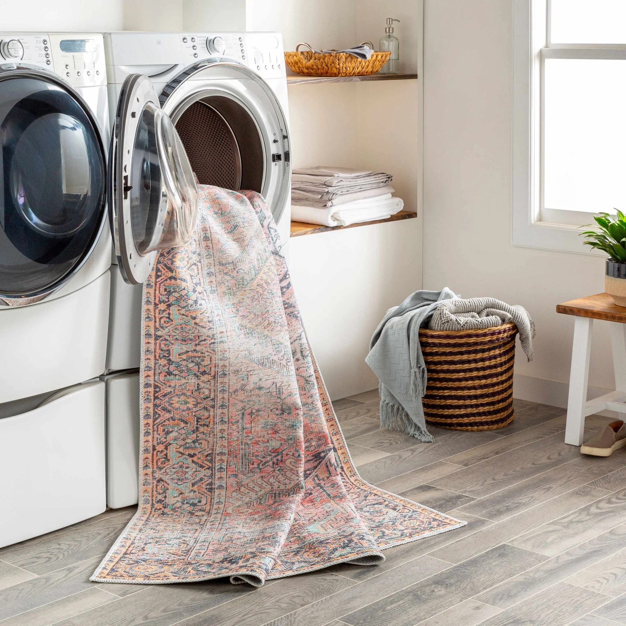 Distressed Finished Vintage Style Peach and Charcoal Traditional Washable Rug - Image 9