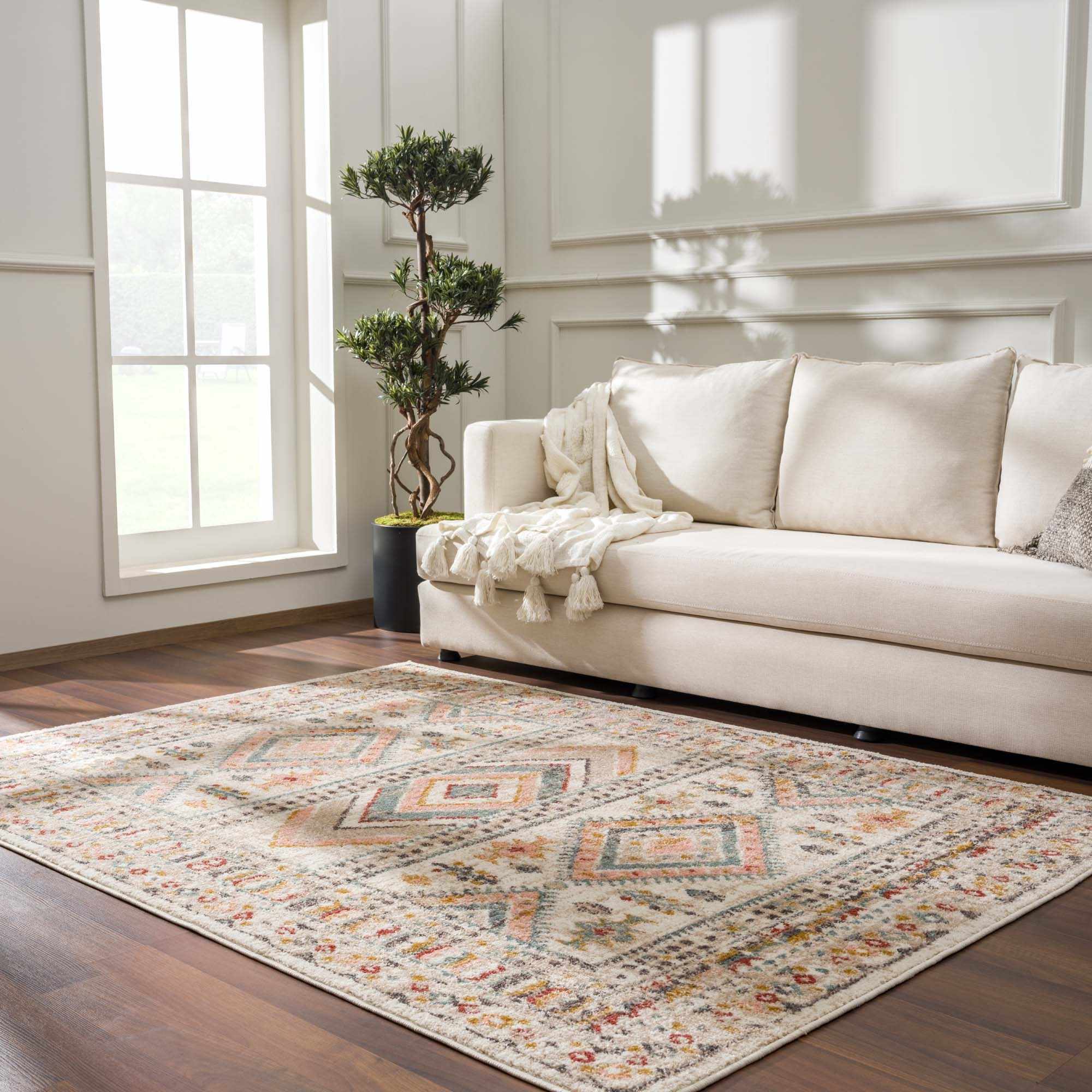 Vintage Style Woven Peach, Beige And Gray Southwestern Tribal Design Rug - Image 4