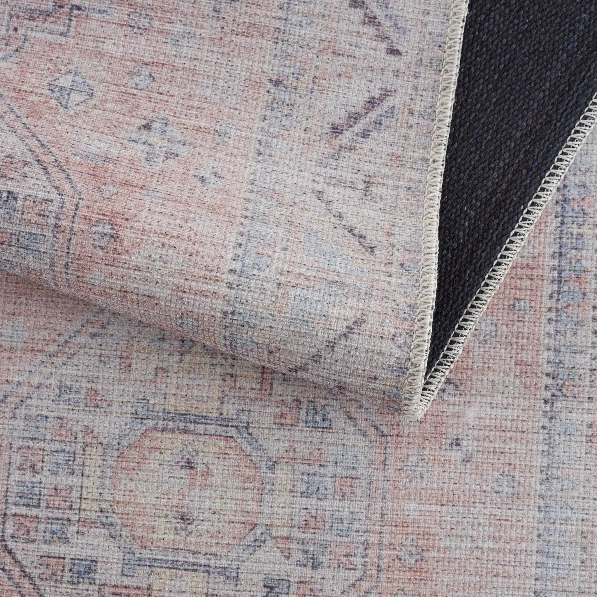 Vintage Style Peach, Blue and Charcoal Traditional Machine washable Area Rug - Image 11
