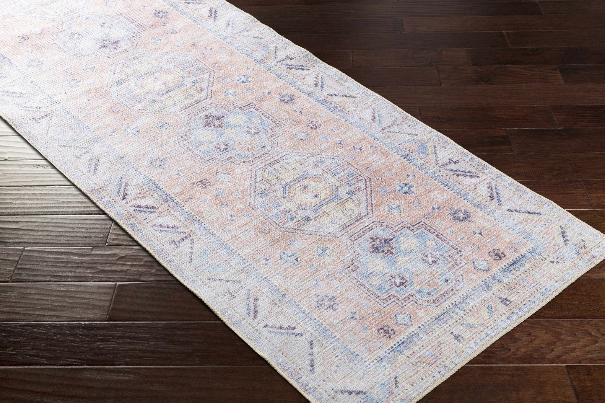 Vintage Style Peach, Blue and Charcoal Traditional Machine washable Area Rug - Image 18