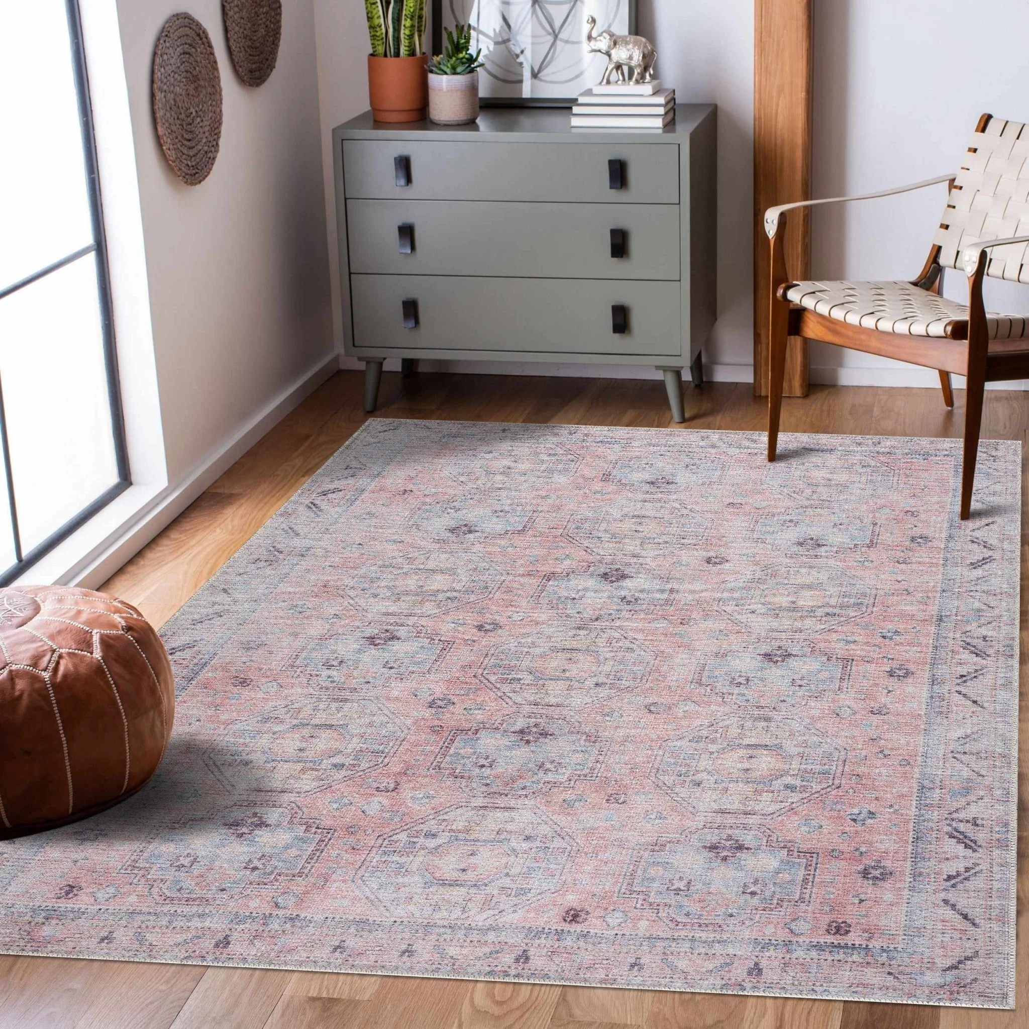 Vintage Style Peach, Blue and Charcoal Traditional Machine washable Area Rug - Image 2
