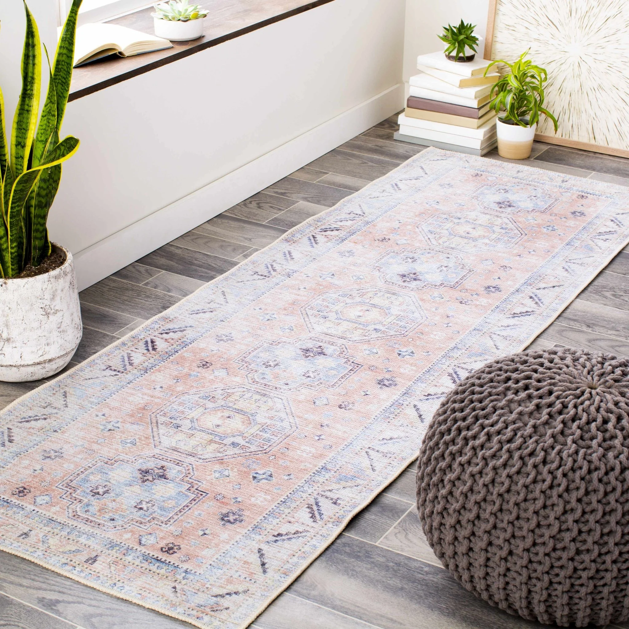 Vintage Style Peach, Blue and Charcoal Traditional Machine washable Area Rug - Image 20