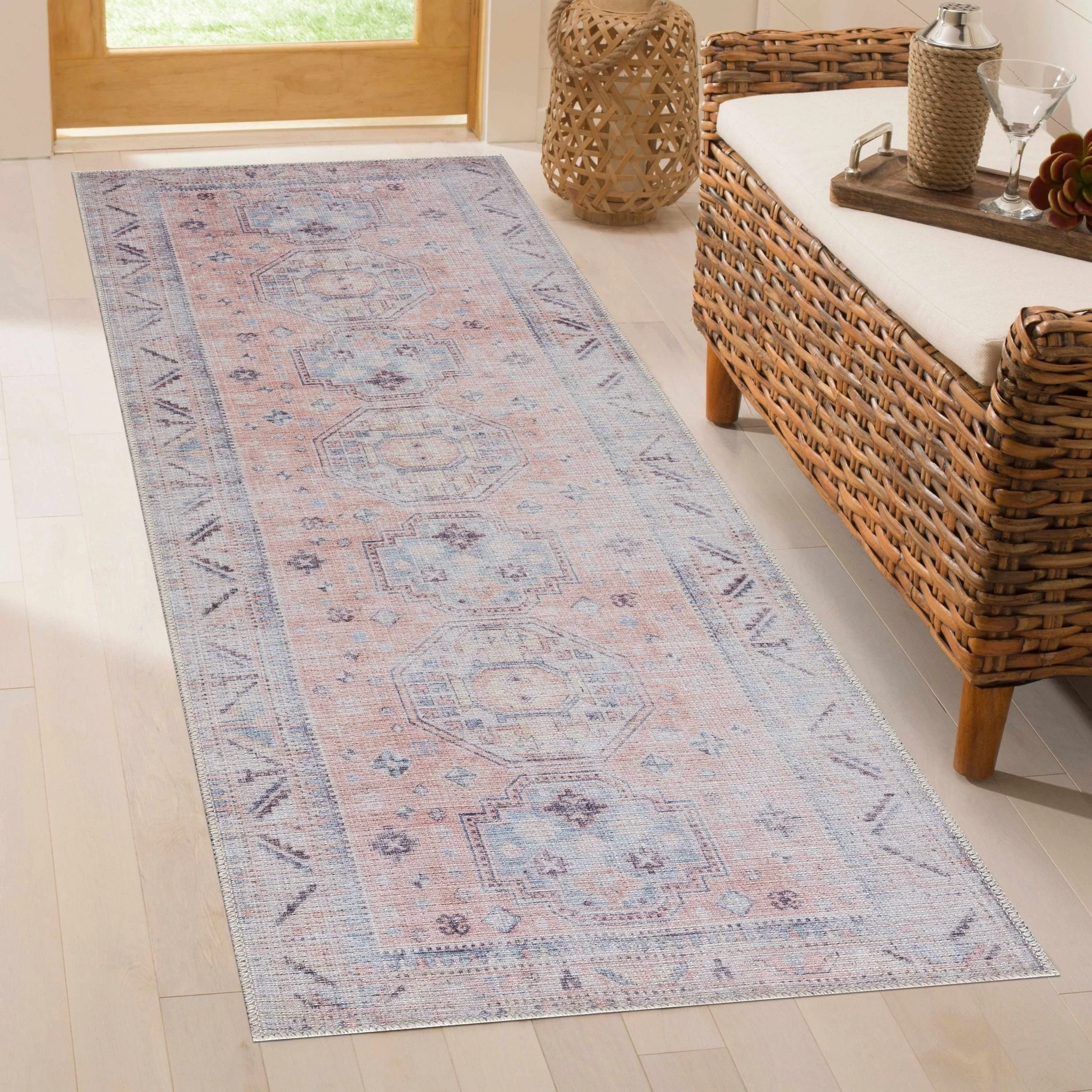 Vintage Style Peach, Blue and Charcoal Traditional Machine washable Area Rug - Image 5