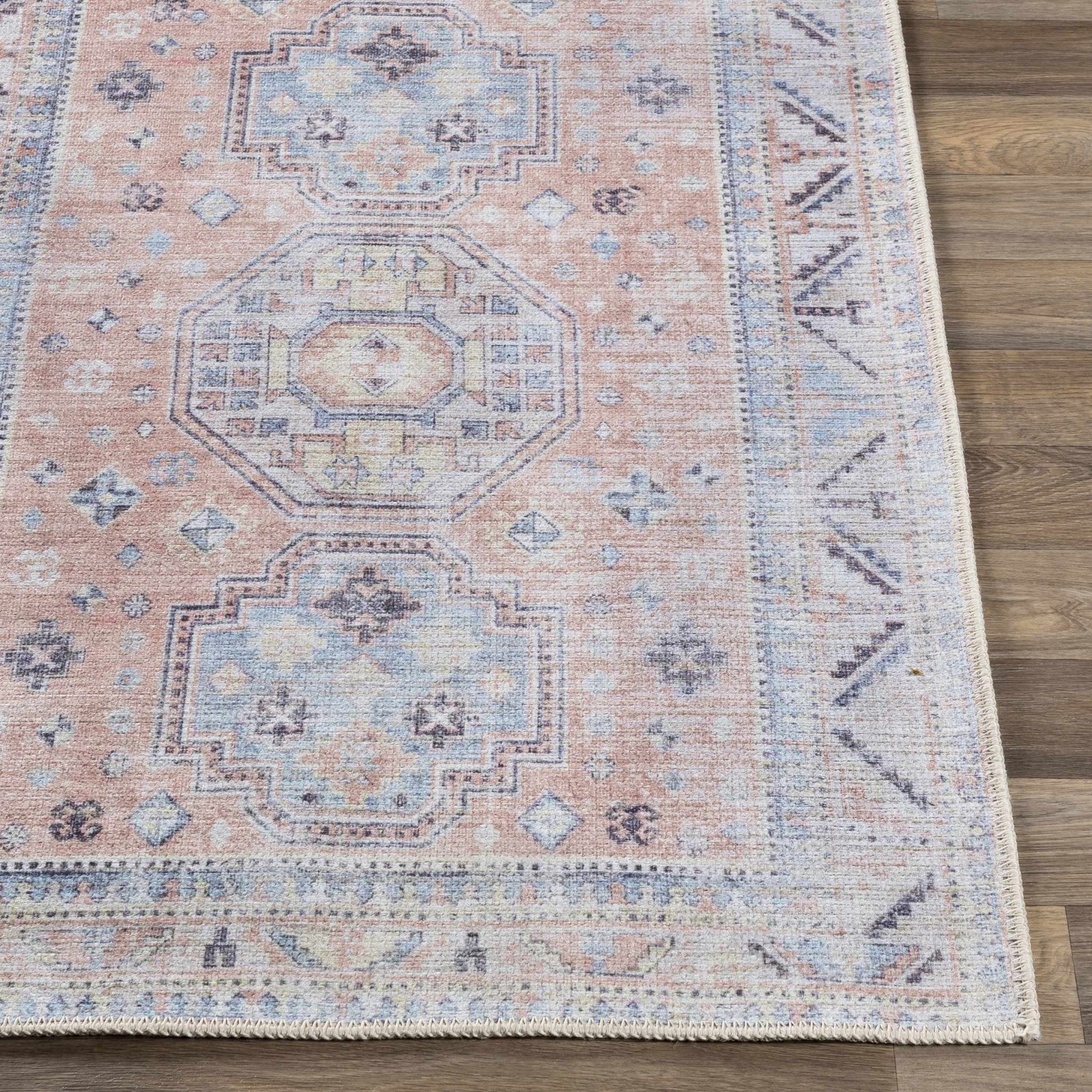 Vintage Style Peach, Blue and Charcoal Traditional Machine washable Area Rug - Image 6