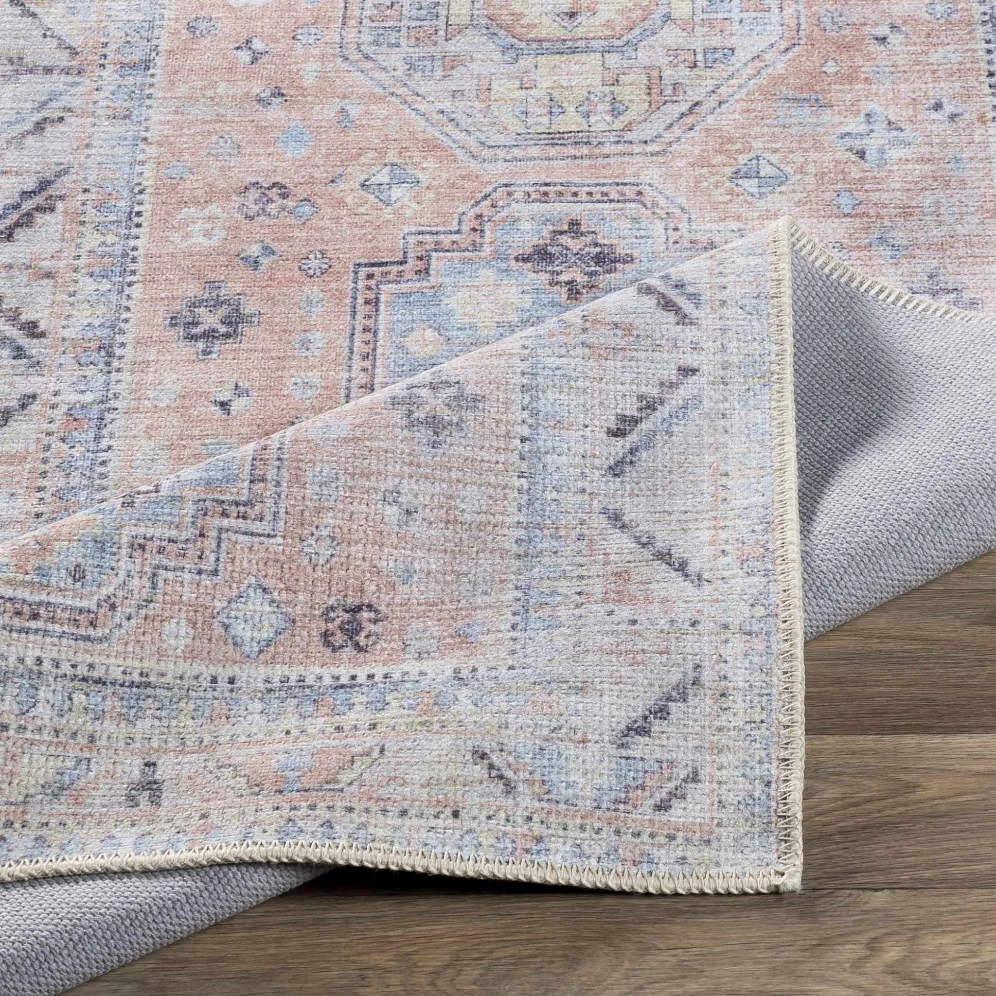 Vintage Style Peach, Blue and Charcoal Traditional Machine washable Area Rug - Image 7