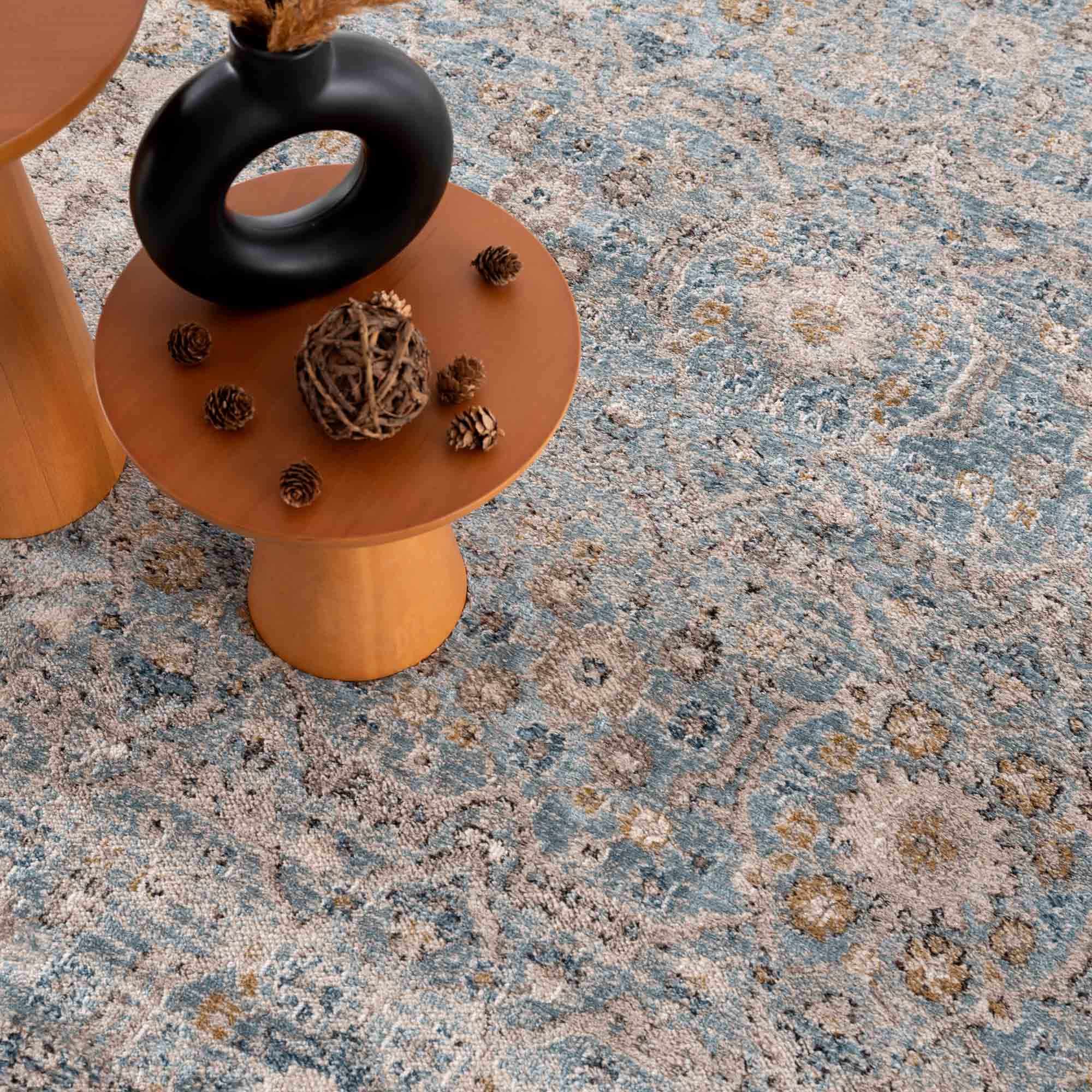 Vintage Style Peach, Blue and Charcoal Traditional Turkish Design Area Rug - Image 11