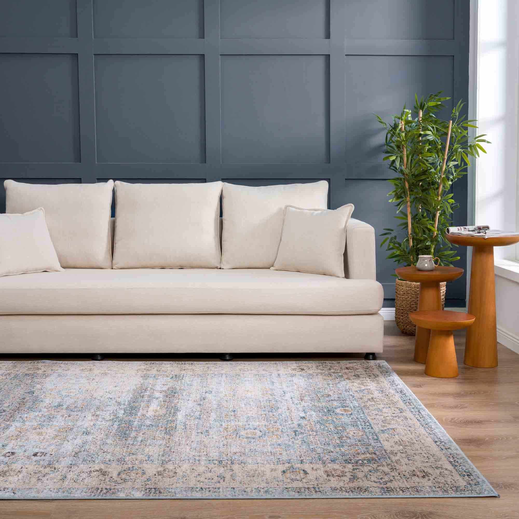 Vintage Style Peach, Blue and Charcoal Traditional Turkish Design Area Rug - Image 12