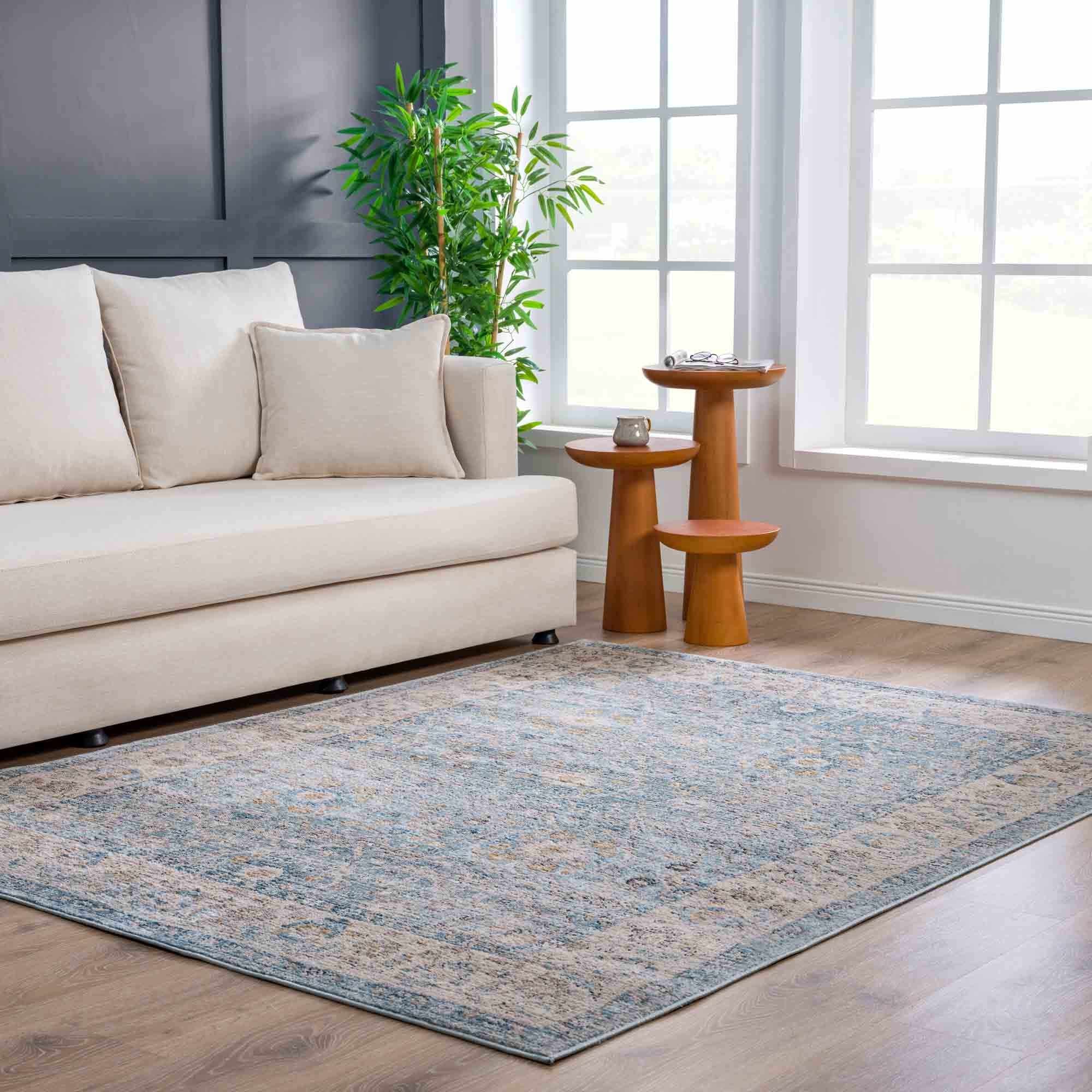 Vintage Style Peach, Blue and Charcoal Traditional Turkish Design Area Rug - Image 13