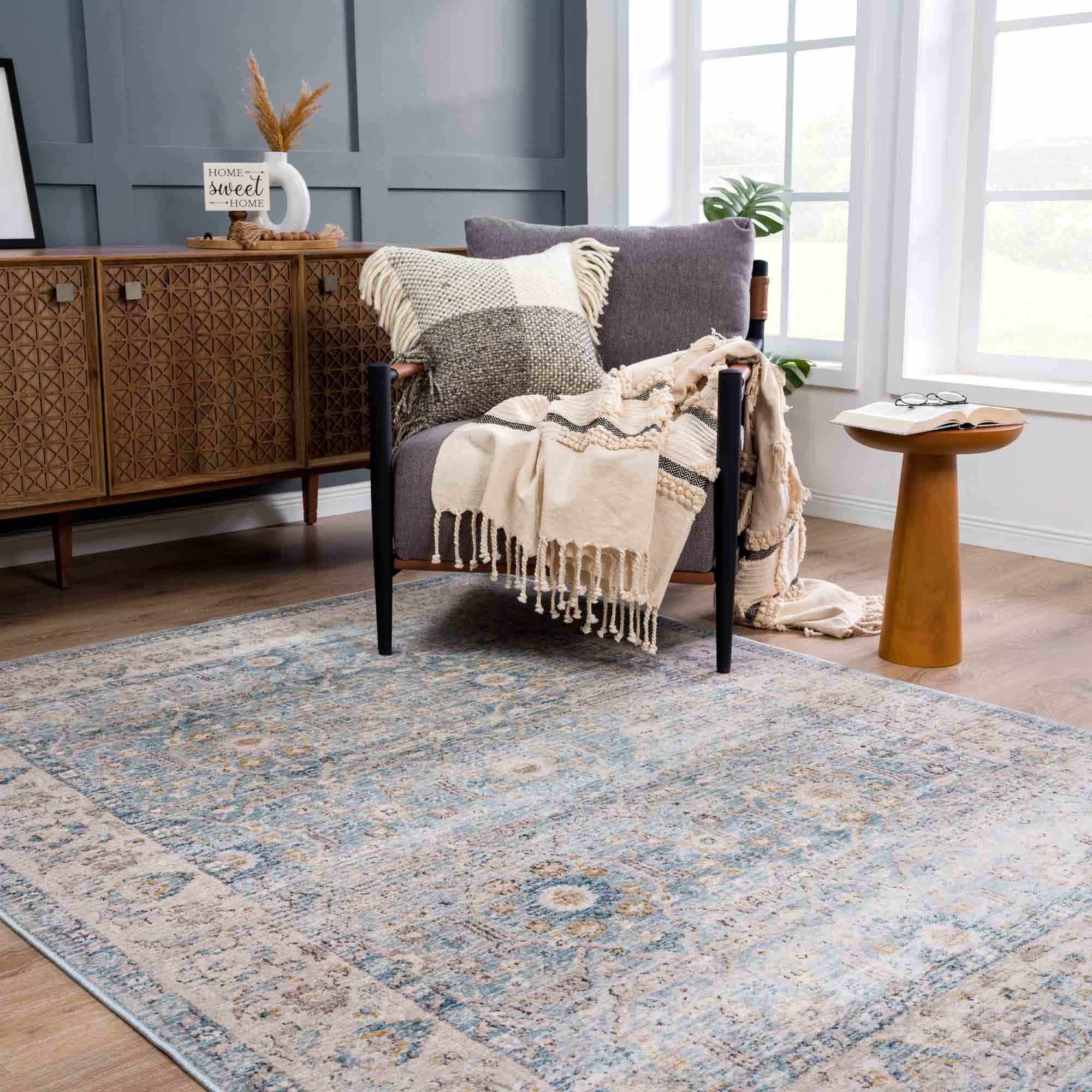 Vintage Style Peach, Blue and Charcoal Traditional Turkish Design Area Rug - Image 14