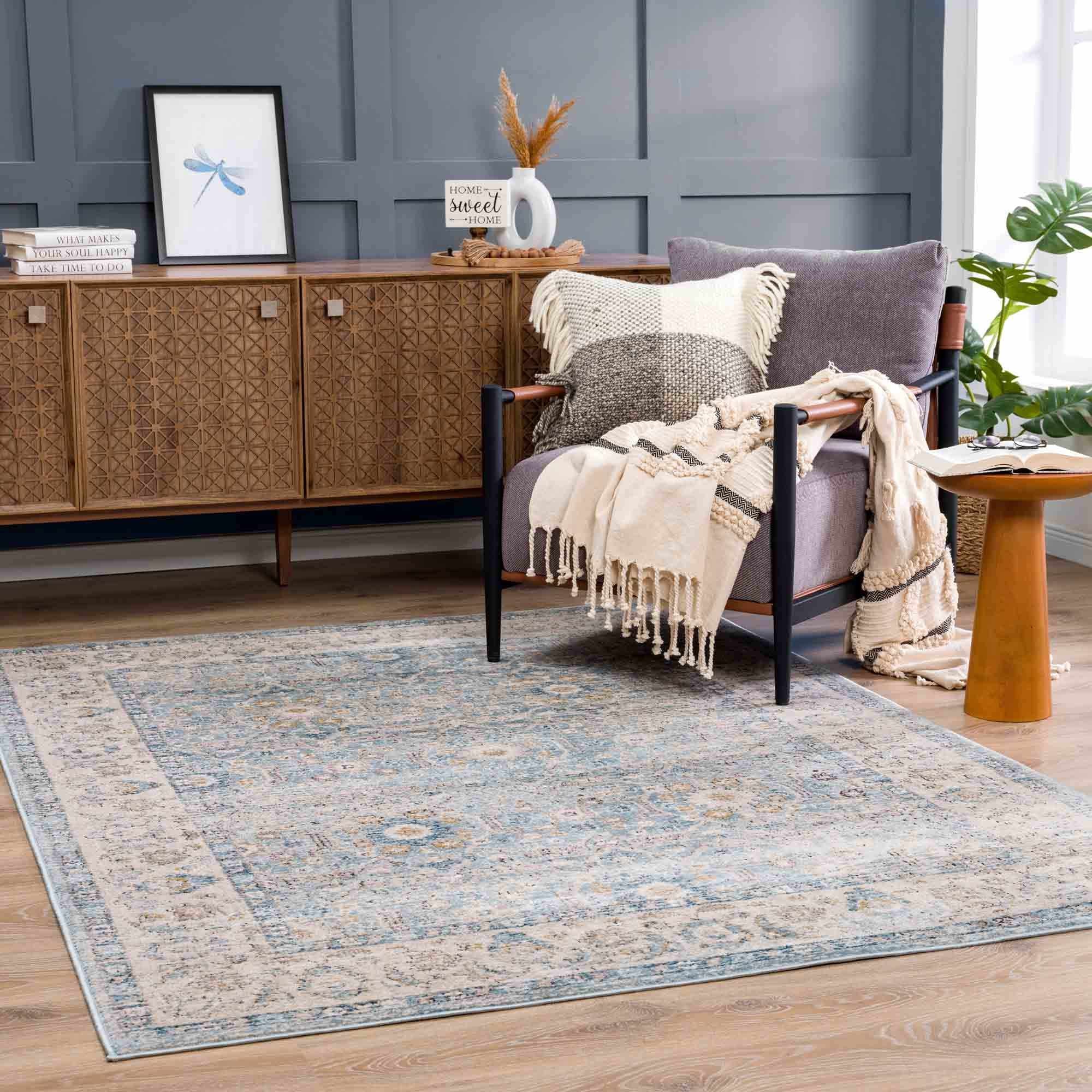 Vintage Style Peach, Blue and Charcoal Traditional Turkish Design Area Rug - Image 2