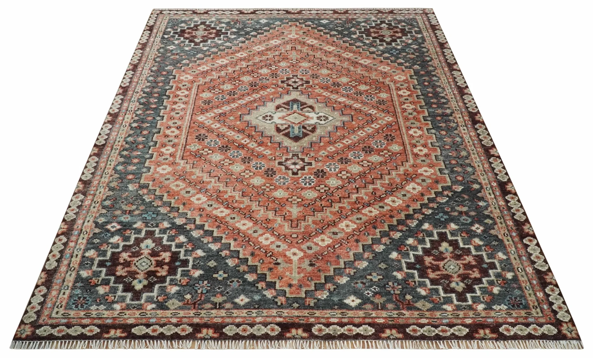 Custom Made Turkish Style Rust and Charcoal Traditional Medallion Hand knotted wool Area Rug - Image 10