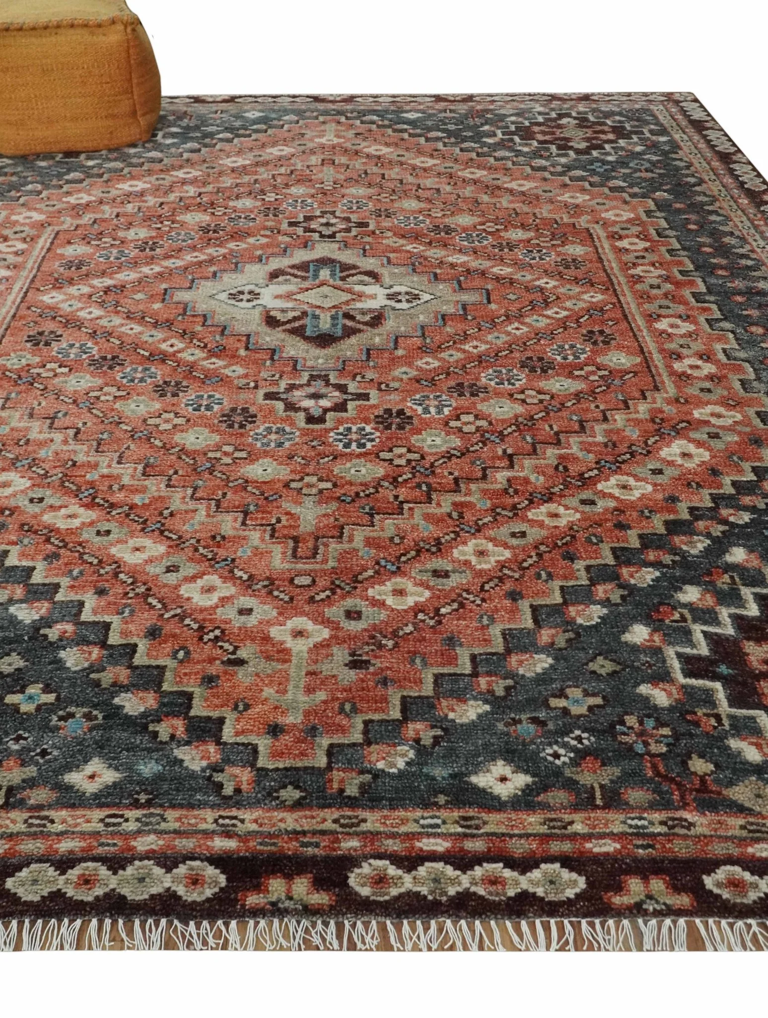 Custom Made Turkish Style Rust and Charcoal Traditional Medallion Hand knotted wool Area Rug - Image 3