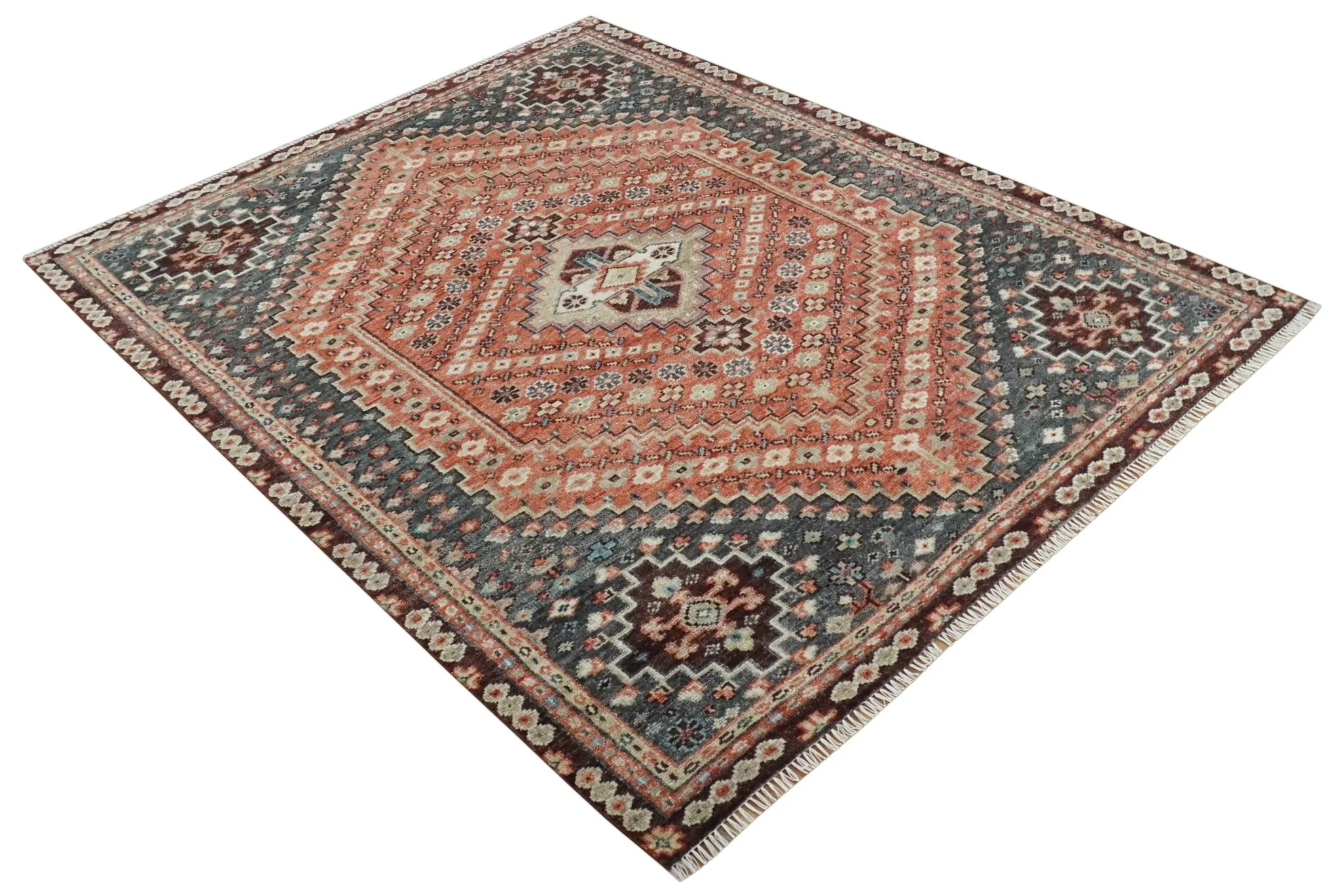Custom Made Turkish Style Rust and Charcoal Traditional Medallion Hand knotted wool Area Rug - Image 9