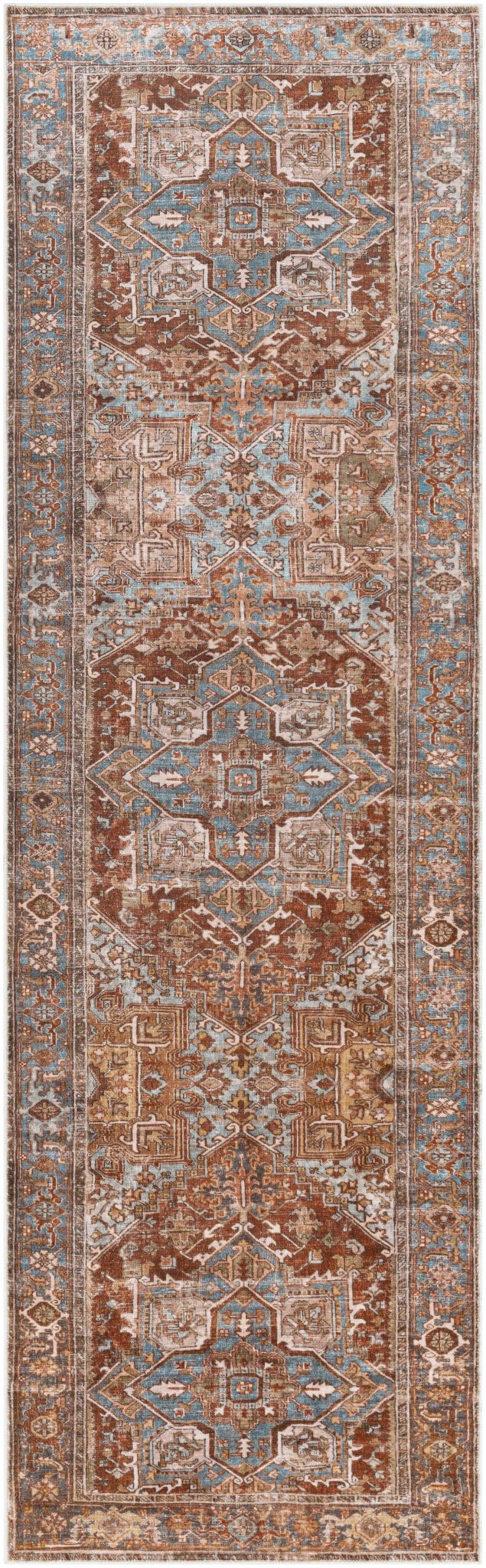 Vintage Style Rust, Blue and Ivory Traditional Medallion Washable Area Rug - Image 10