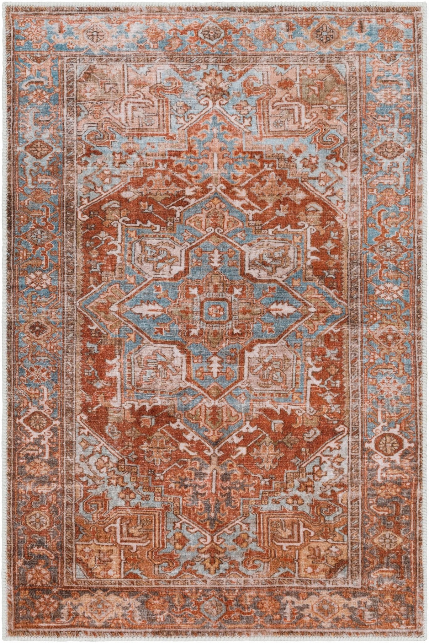 Vintage Style Rust, Blue and Ivory Traditional Medallion Washable Area Rug - Image 11