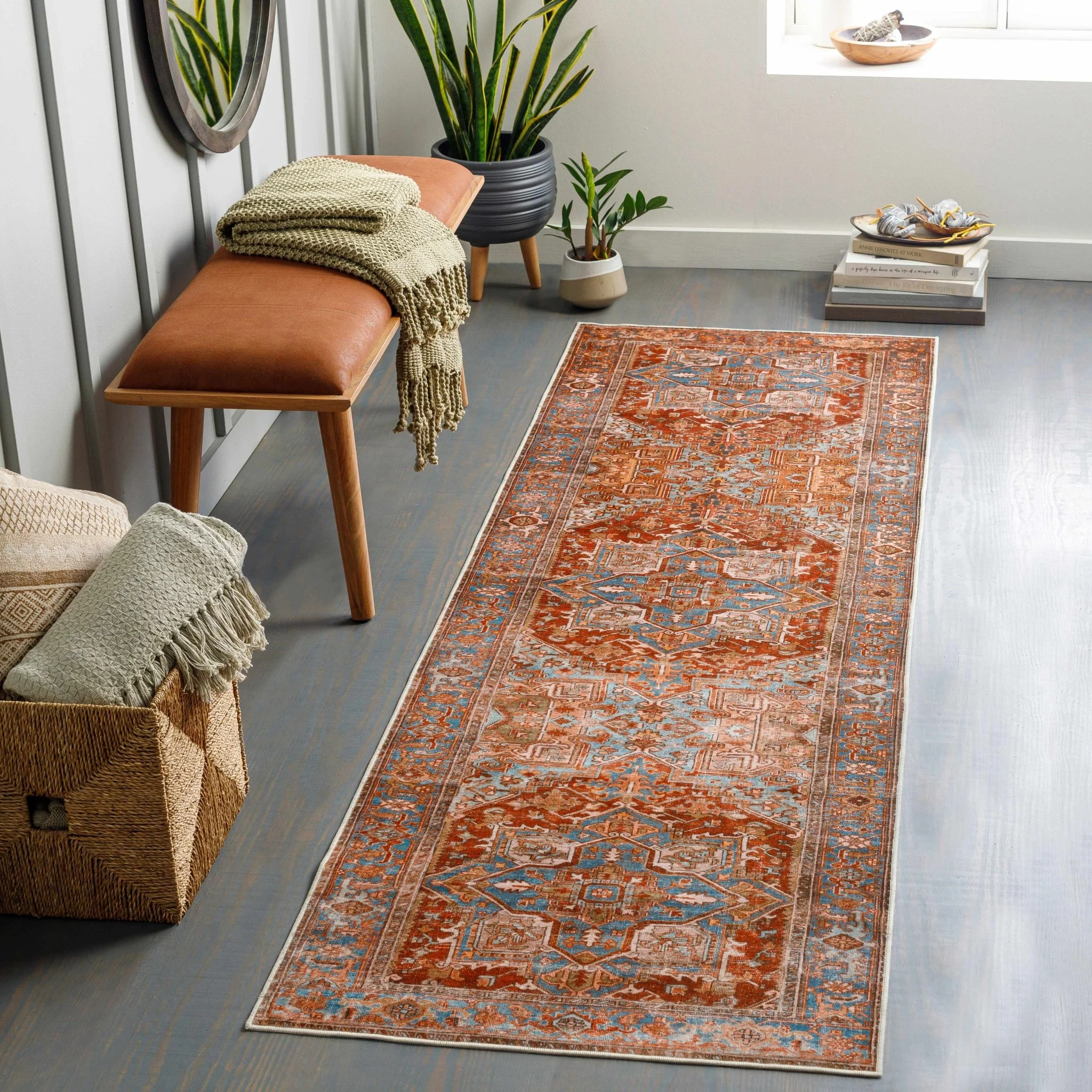 Vintage Style Rust, Blue and Ivory Traditional Medallion Washable Area Rug - Image 12