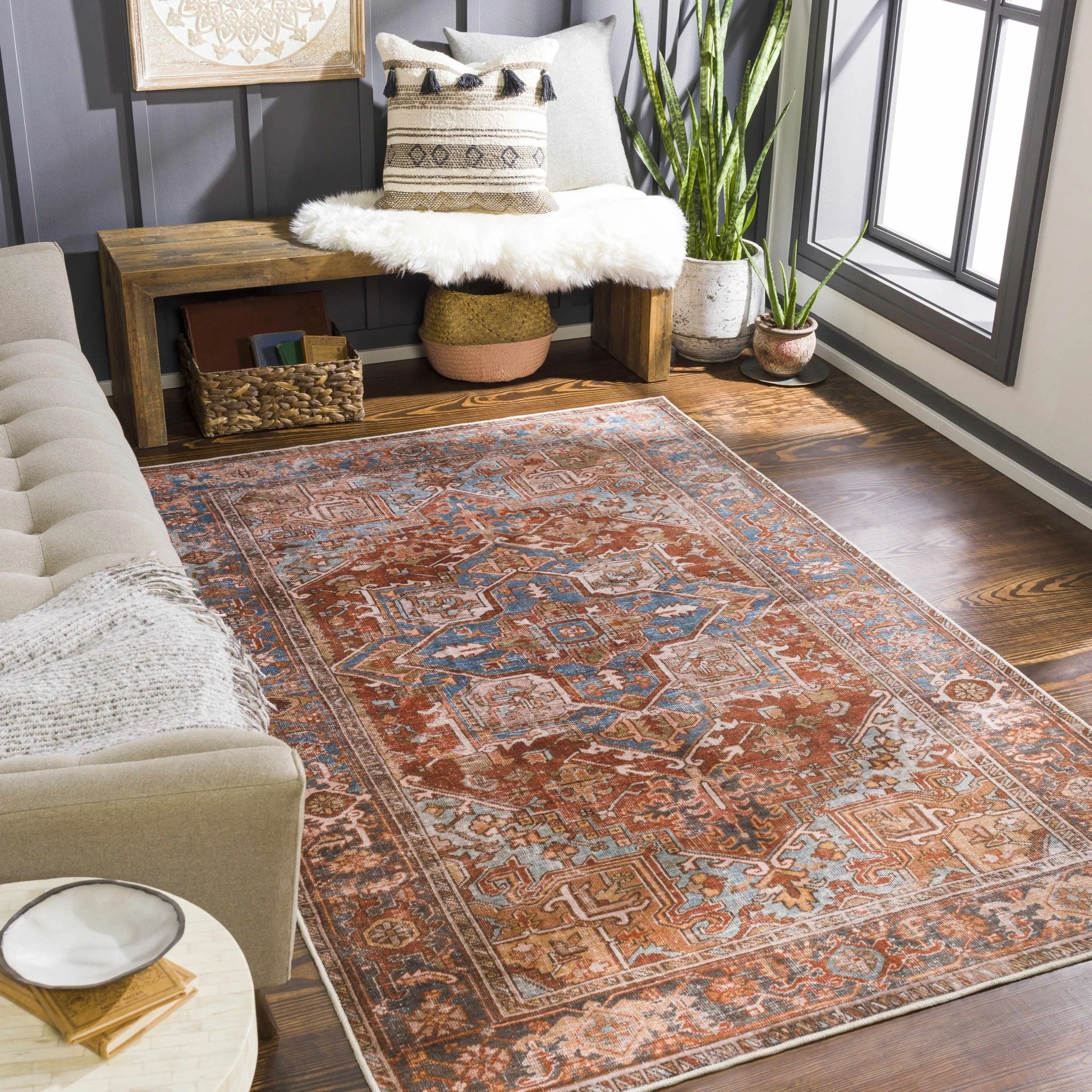Vintage Style Rust, Blue and Ivory Traditional Medallion Washable Area Rug - Image 2