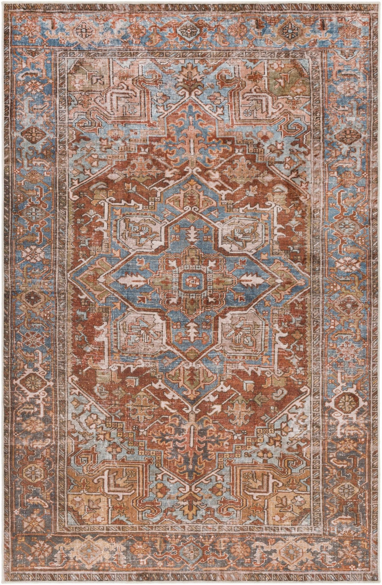 Vintage Style Rust, Blue and Ivory Traditional Medallion Washable Area Rug - Image 3